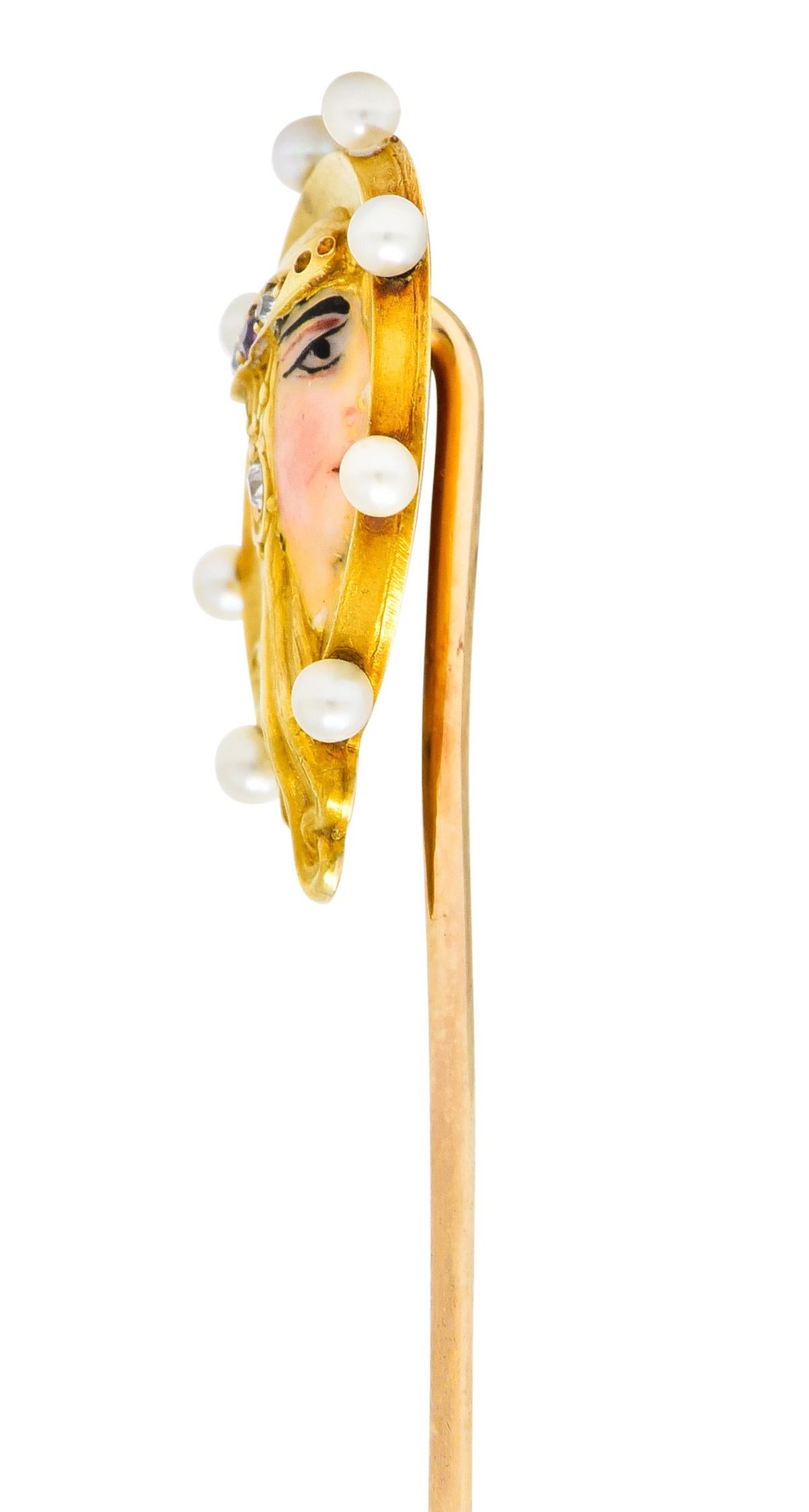 Art Nouveau Pearl Diamond Ruby Enamel 14 Karat Gold Egyptian Princess Stickpin In Excellent Condition In Philadelphia, PA