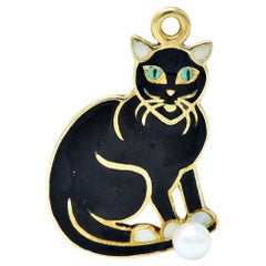 Antique Art Nouveau Pearl Enamel 14 Karat Gold Cat Charm