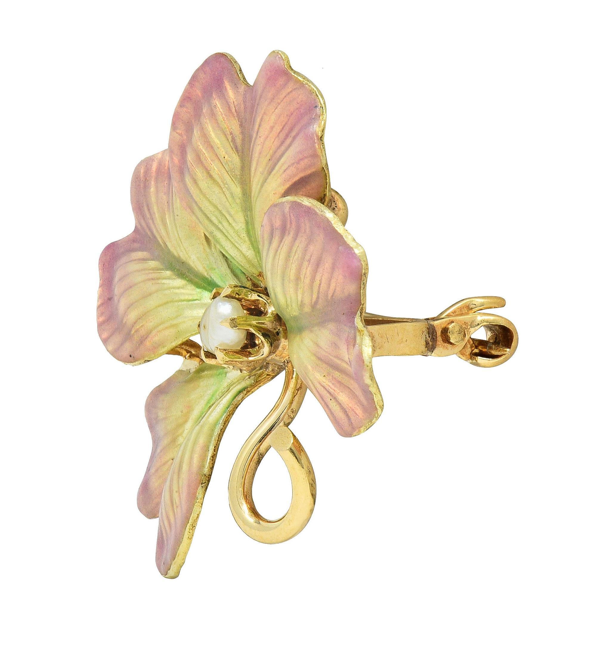 Art Nouveau Perla Esmalte Oro Amarillo 14 Kilates Broche Trébol Antiguo Corte redondo en venta