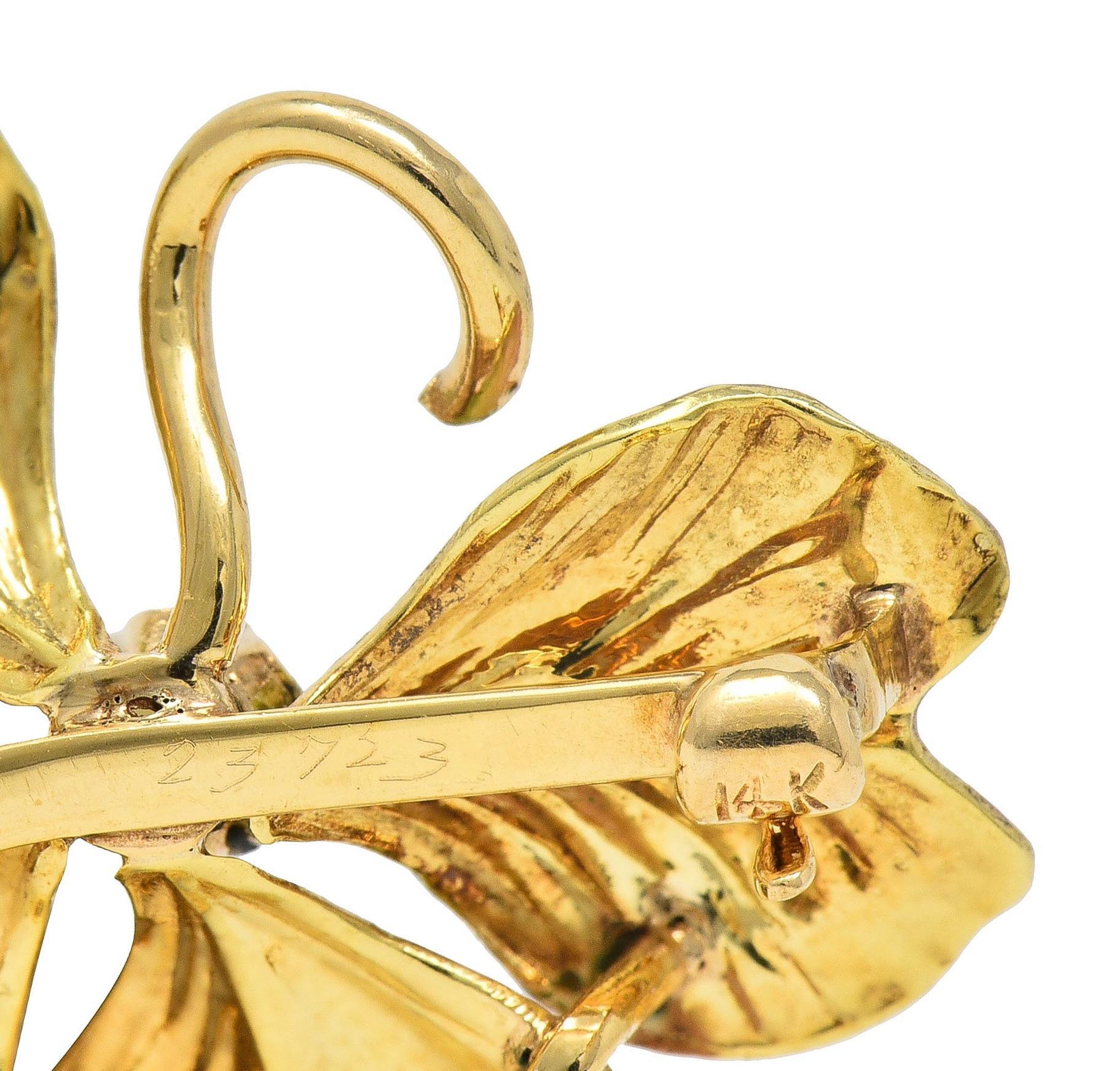 Art Nouveau Perla Esmalte Oro Amarillo 14 Kilates Broche Trébol Antiguo en venta 1