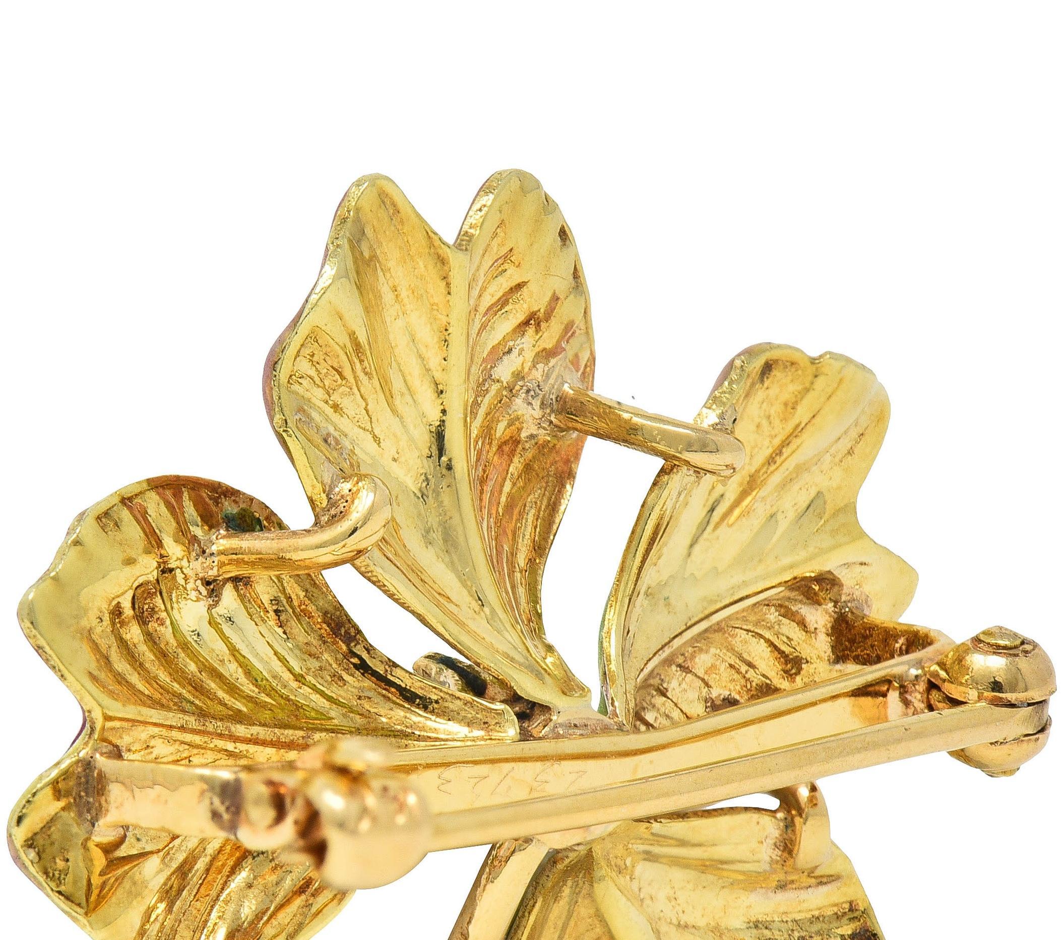 Art Nouveau Perla Esmalte Oro Amarillo 14 Kilates Broche Trébol Antiguo en venta 2