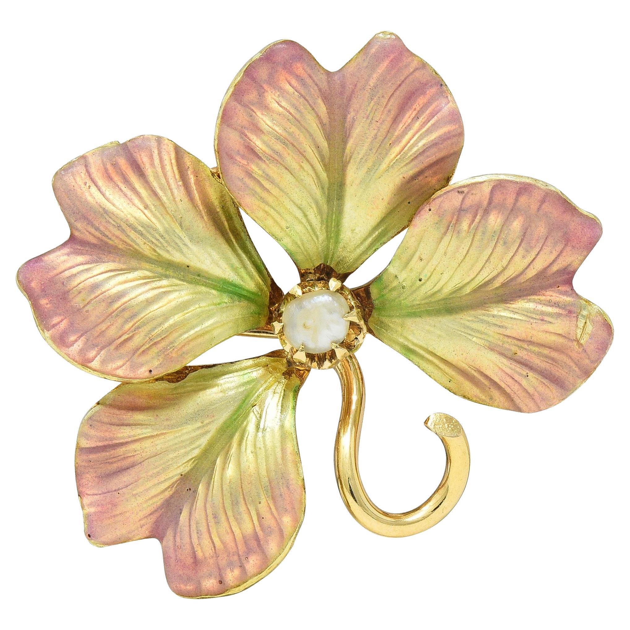 Art Nouveau Pearl Enamel 14 Karat Yellow Gold Antique Clover Brooch