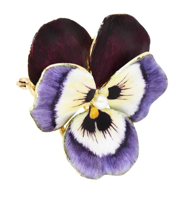 Art Nouveau Pearl Enamel 14 Karat Yellow Gold Purple Pansy Antique Brooch In Excellent Condition For Sale In Philadelphia, PA