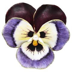 Art Nouveau Pearl Enamel 14 Karat Yellow Gold Purple Pansy Antique Brooch