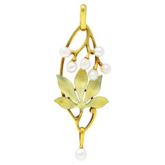 Art Nouveau Pearl Enamel 18 Karat Gold Pendant