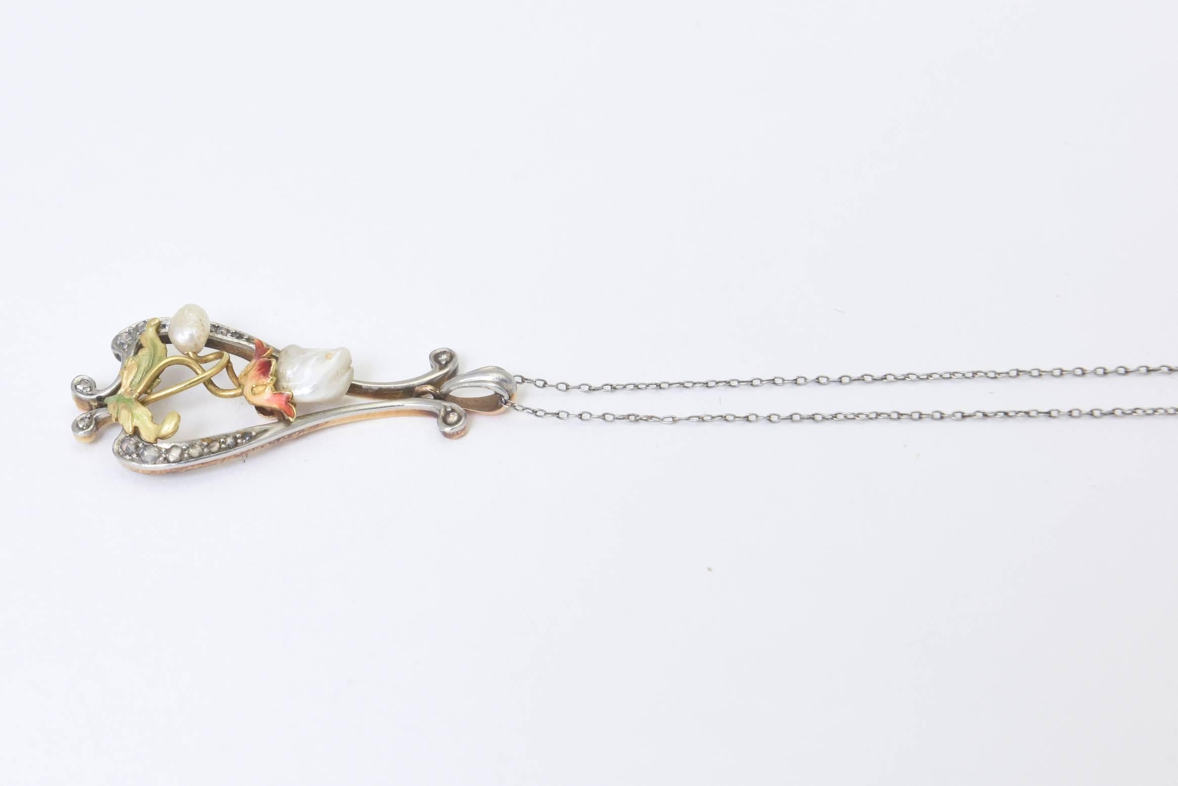Art Nouveau Pearl, Enamel and Diamond Gold Floral Pendant on Platinum Chain In Excellent Condition In Miami Beach, FL