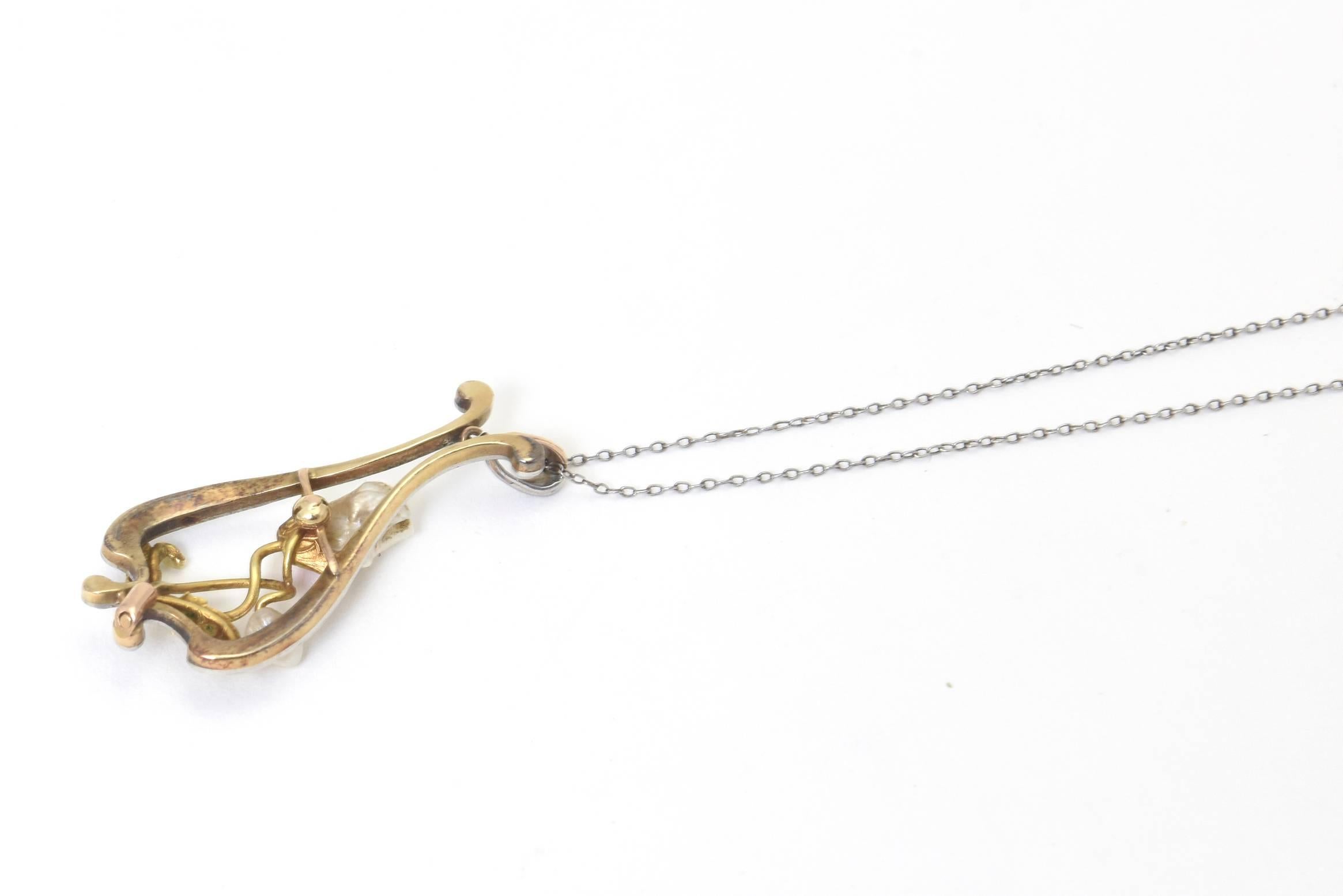 Women's Art Nouveau Pearl, Enamel and Diamond Gold Floral Pendant on Platinum Chain