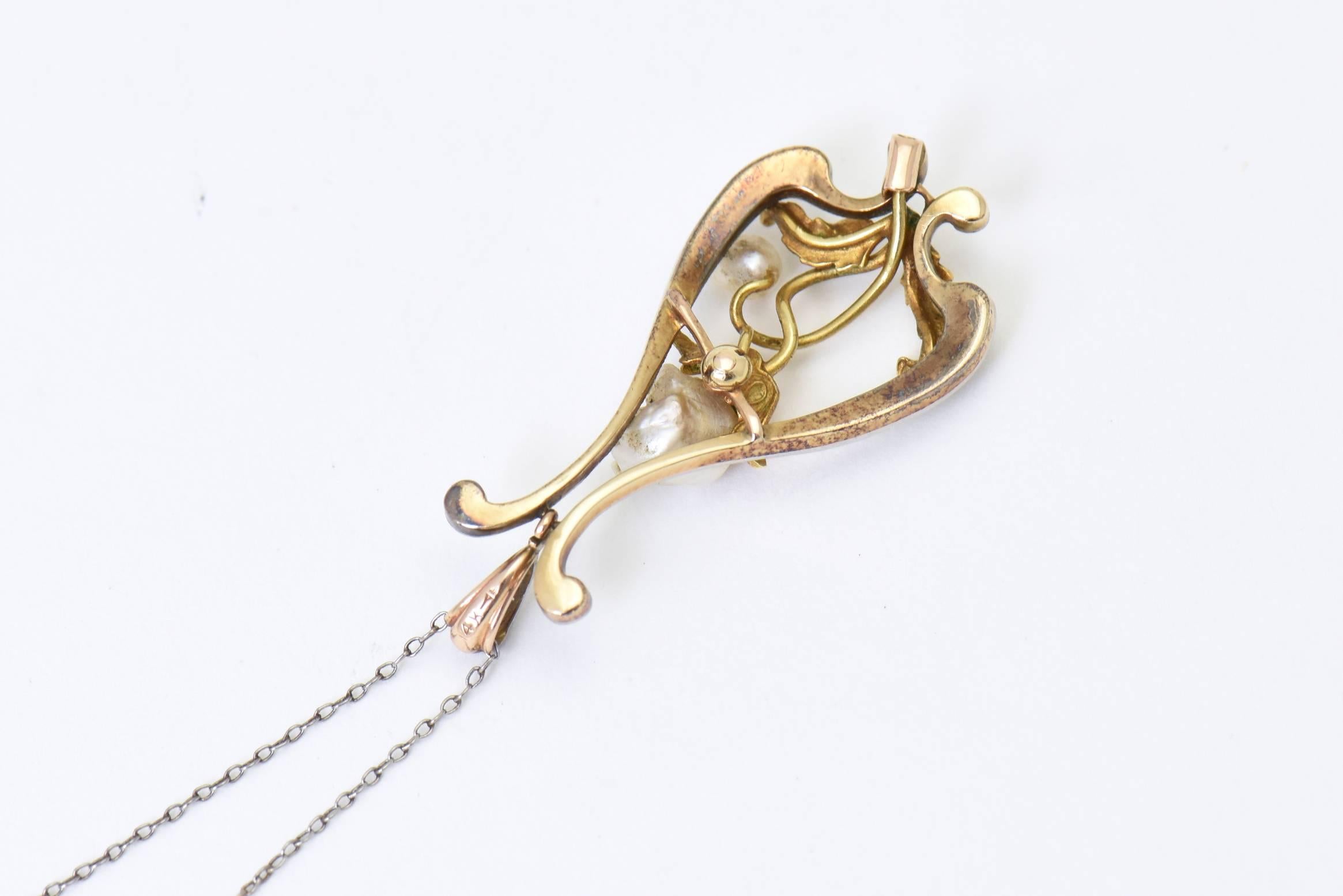 Art Nouveau Pearl, Enamel and Diamond Gold Floral Pendant on Platinum Chain 2