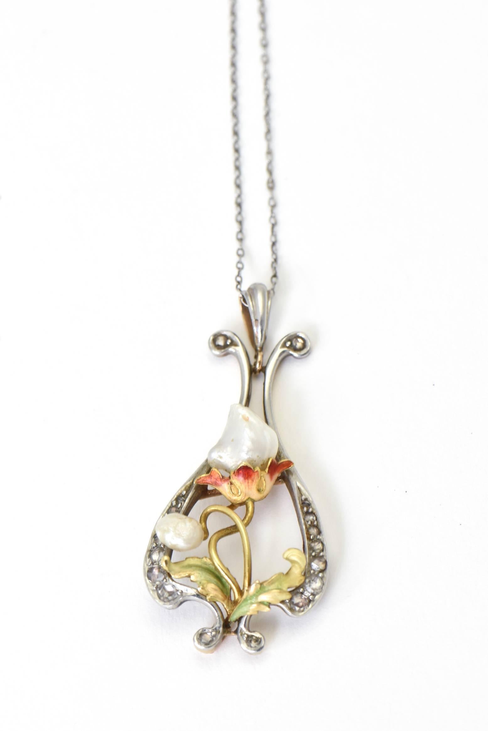 Art Nouveau Pearl, Enamel and Diamond Gold Floral Pendant on Platinum Chain 5