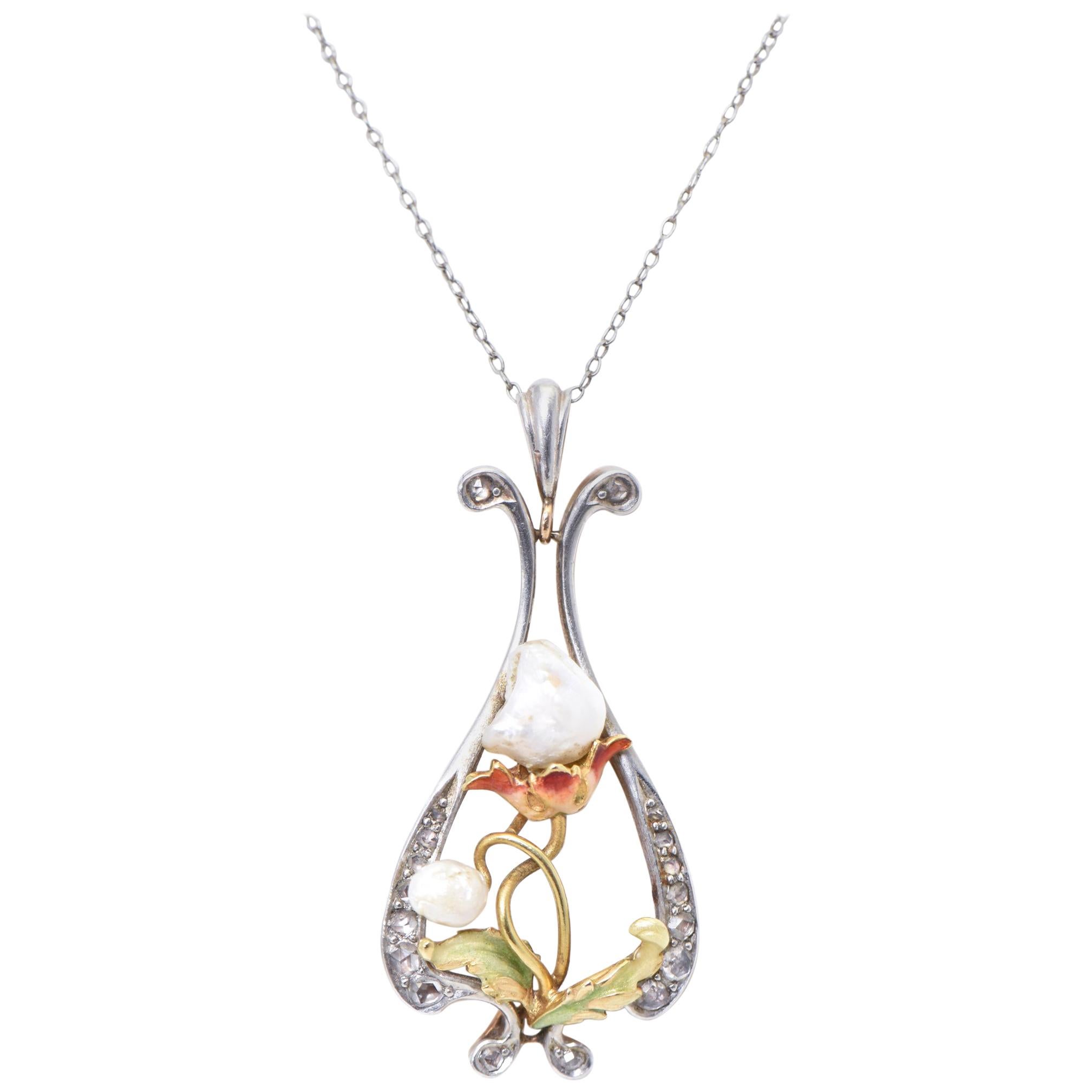 Art Nouveau Pearl, Enamel and Diamond Gold Floral Pendant on Platinum Chain