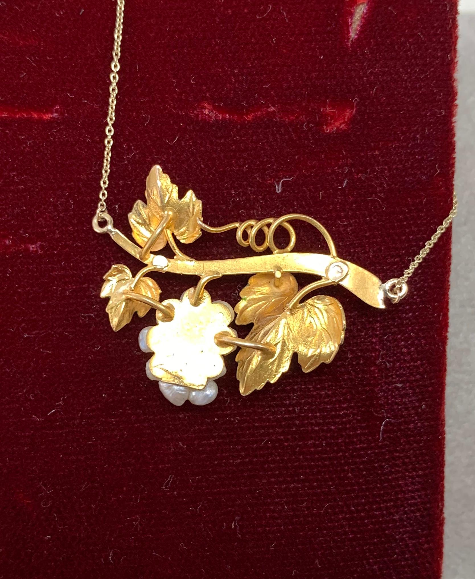 Art Nouveau Pearl Grape Cluster Vine Enamel Pendant Necklace Antique Gold For Sale 5