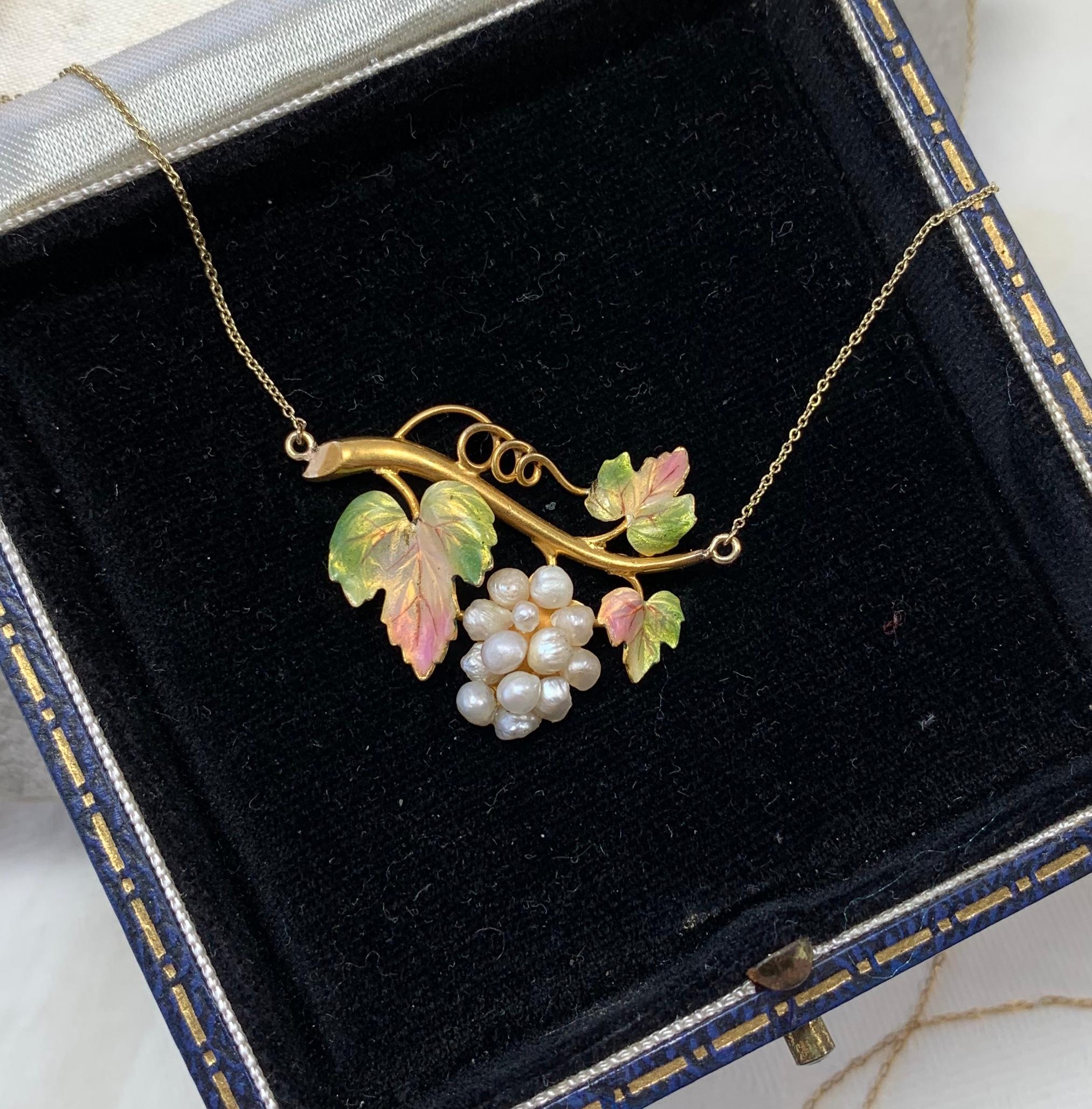 Bead Art Nouveau Pearl Grape Cluster Vine Enamel Pendant Necklace Antique Gold For Sale