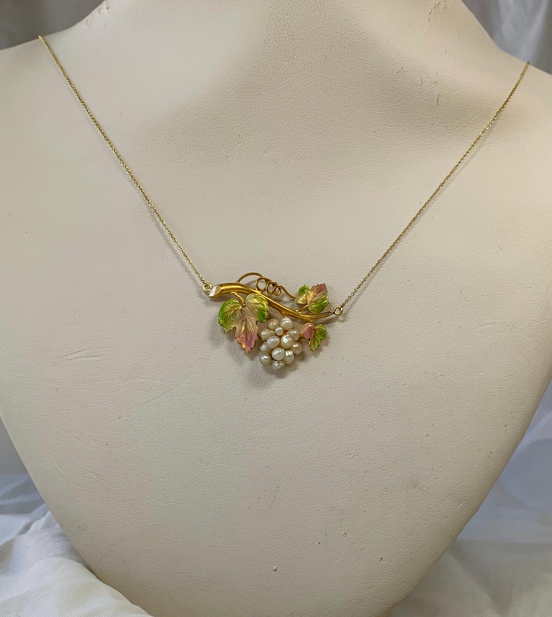 Women's Art Nouveau Pearl Grape Cluster Vine Enamel Pendant Necklace Antique Gold For Sale