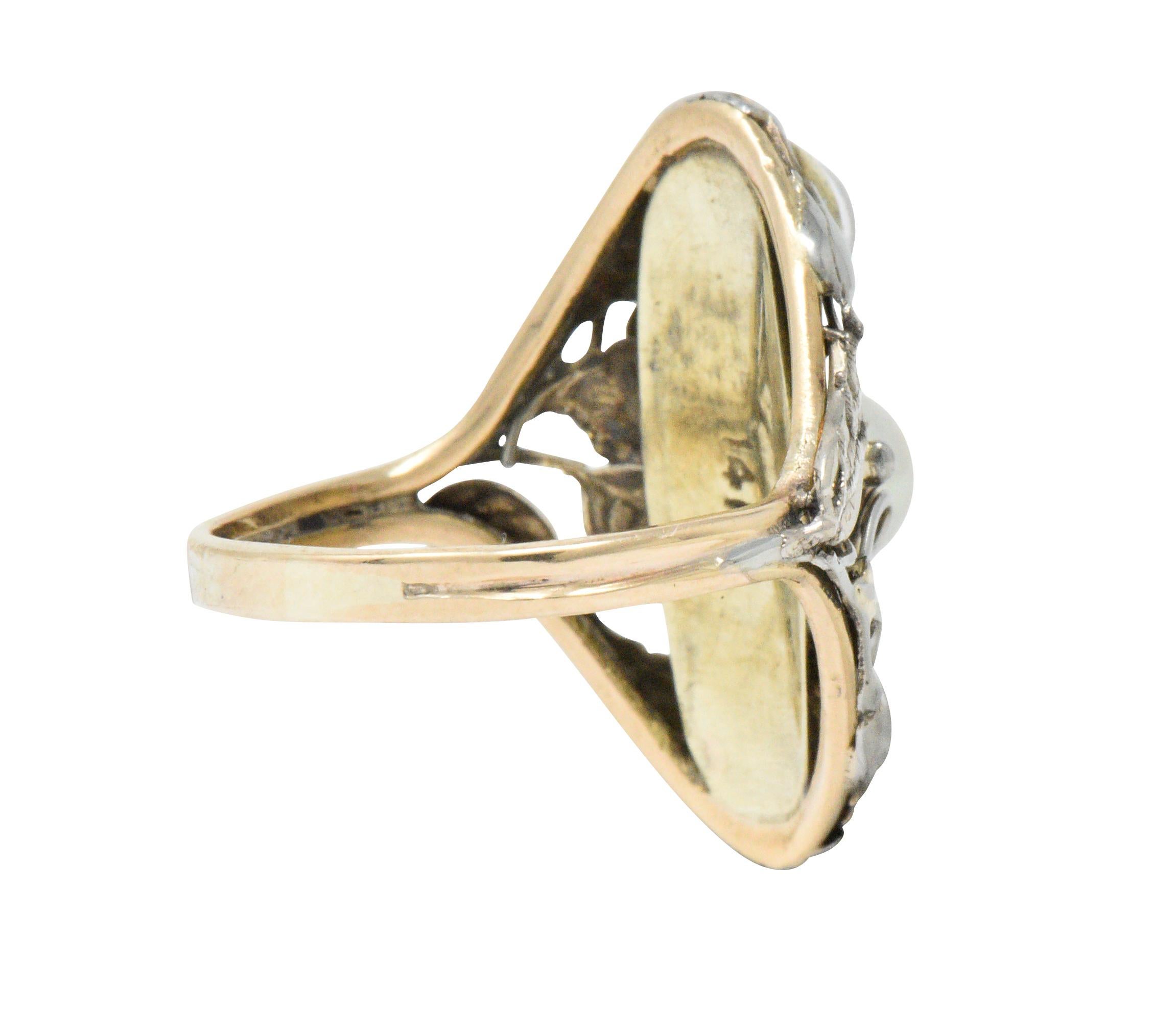 Women's or Men's Art Nouveau Pearl Moonstone Platinum-Topped 14 Karat Gold Ring