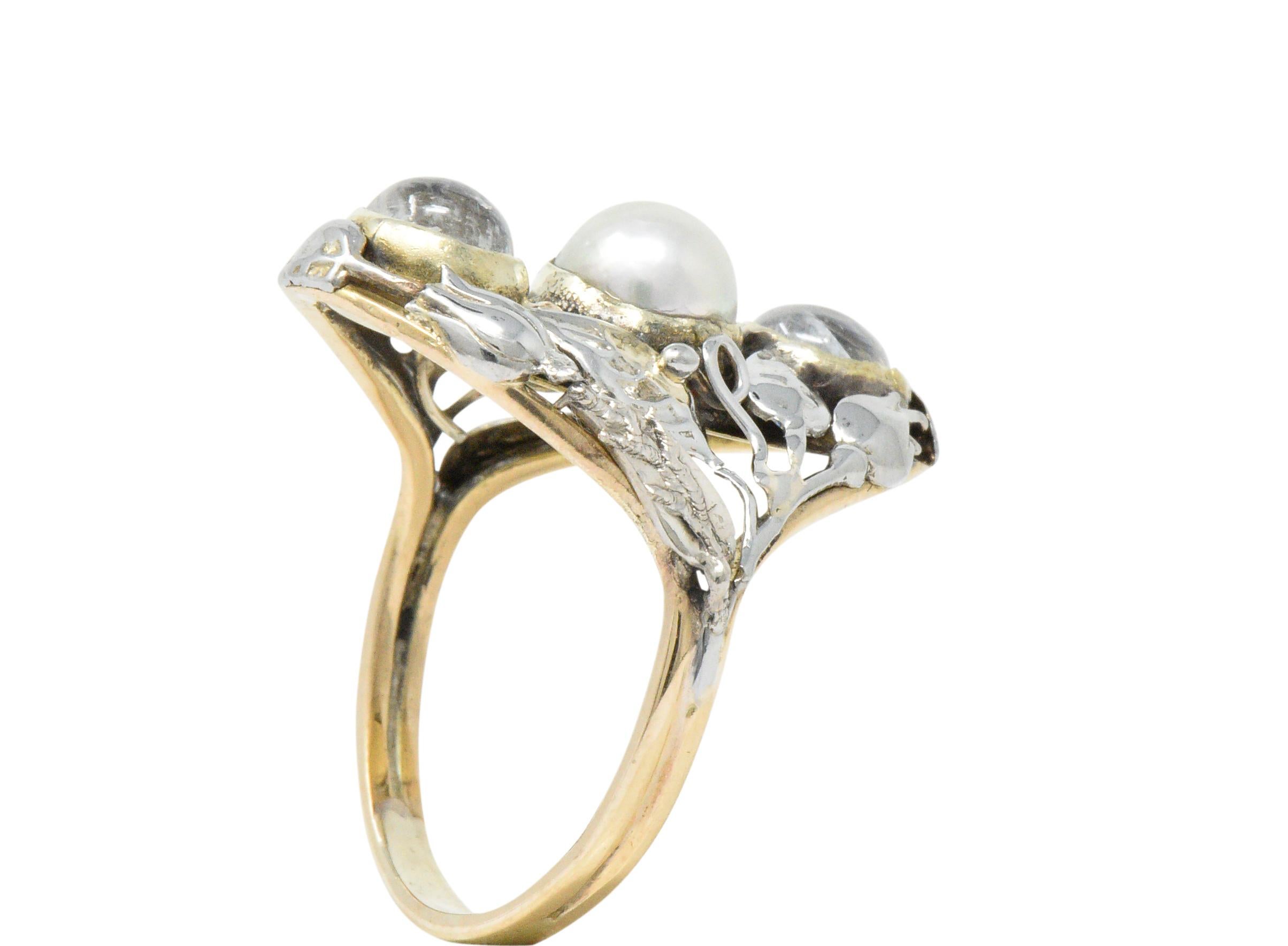 Art Nouveau Pearl Moonstone Platinum-Topped 14 Karat Gold Ring 2