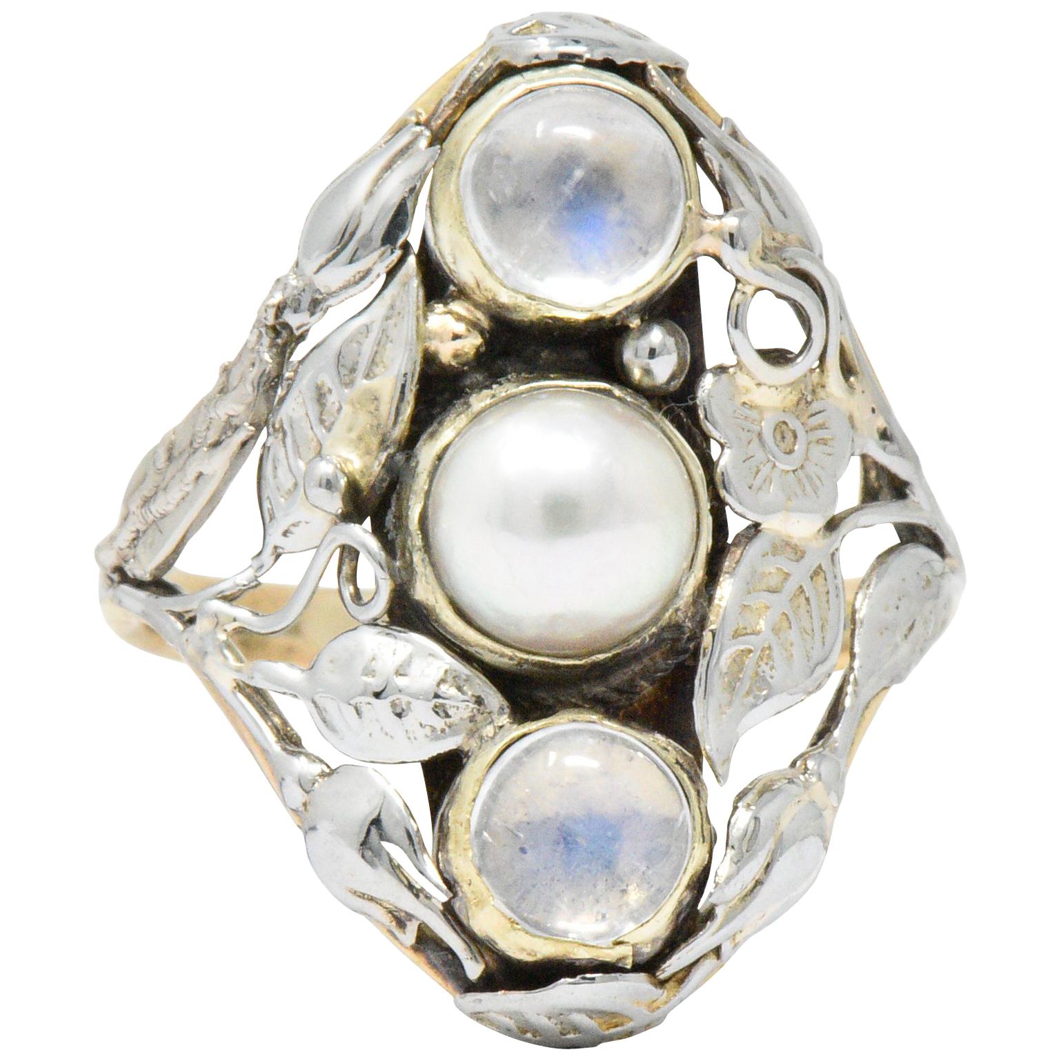 Art Nouveau Pearl Moonstone Platinum-Topped 14 Karat Gold Ring