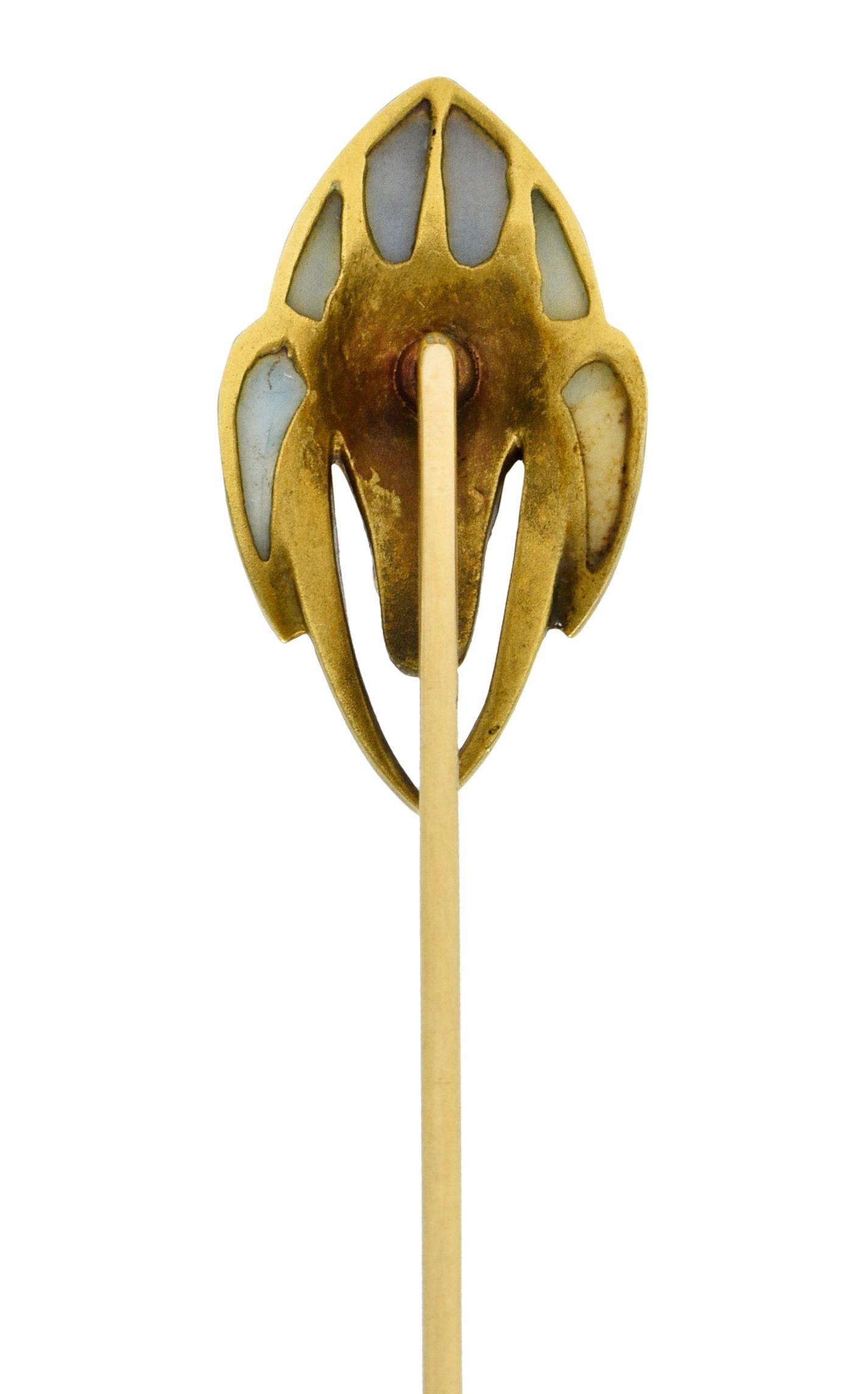 Uncut Art Nouveau Pearl Plique-A-Jour Enamel 14 Karat Gold Gargoyle Stickpin For Sale