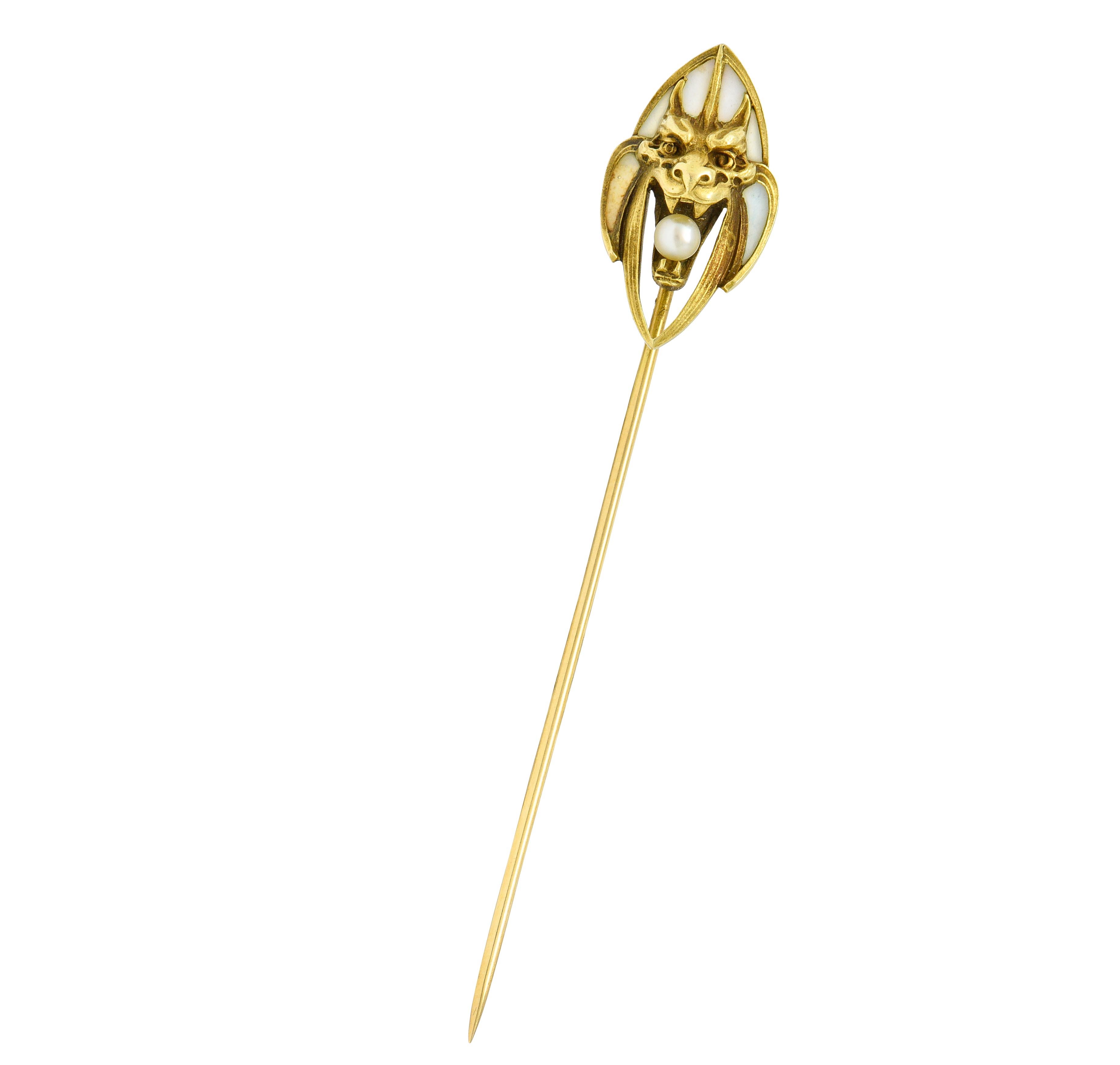 Women's or Men's Art Nouveau Pearl Plique-A-Jour Enamel 14 Karat Gold Gargoyle Stickpin For Sale