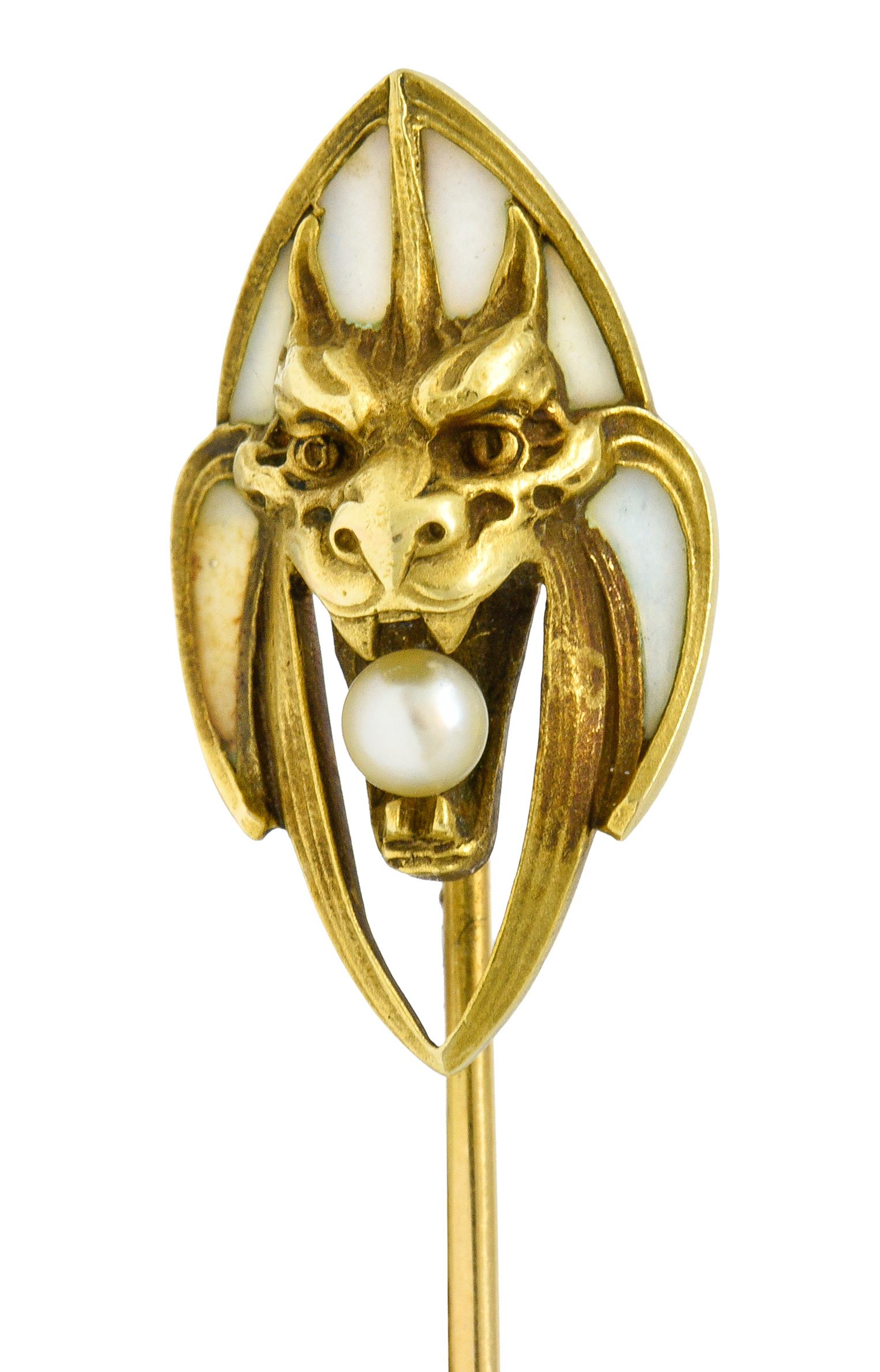 Art Nouveau Pearl Plique-A-Jour Enamel 14 Karat Gold Gargoyle Stickpin For Sale 1