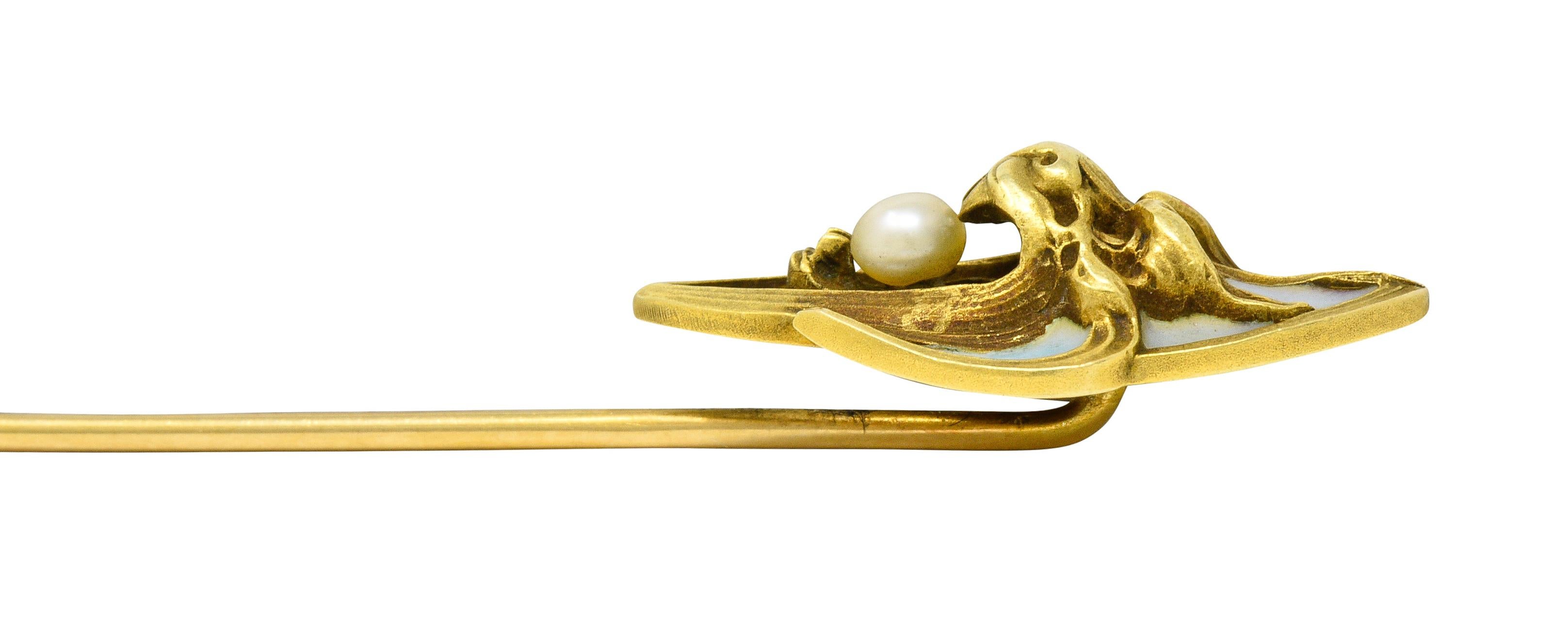 Art Nouveau Pearl Plique-A-Jour Enamel 14 Karat Gold Gargoyle Stickpin For Sale 2