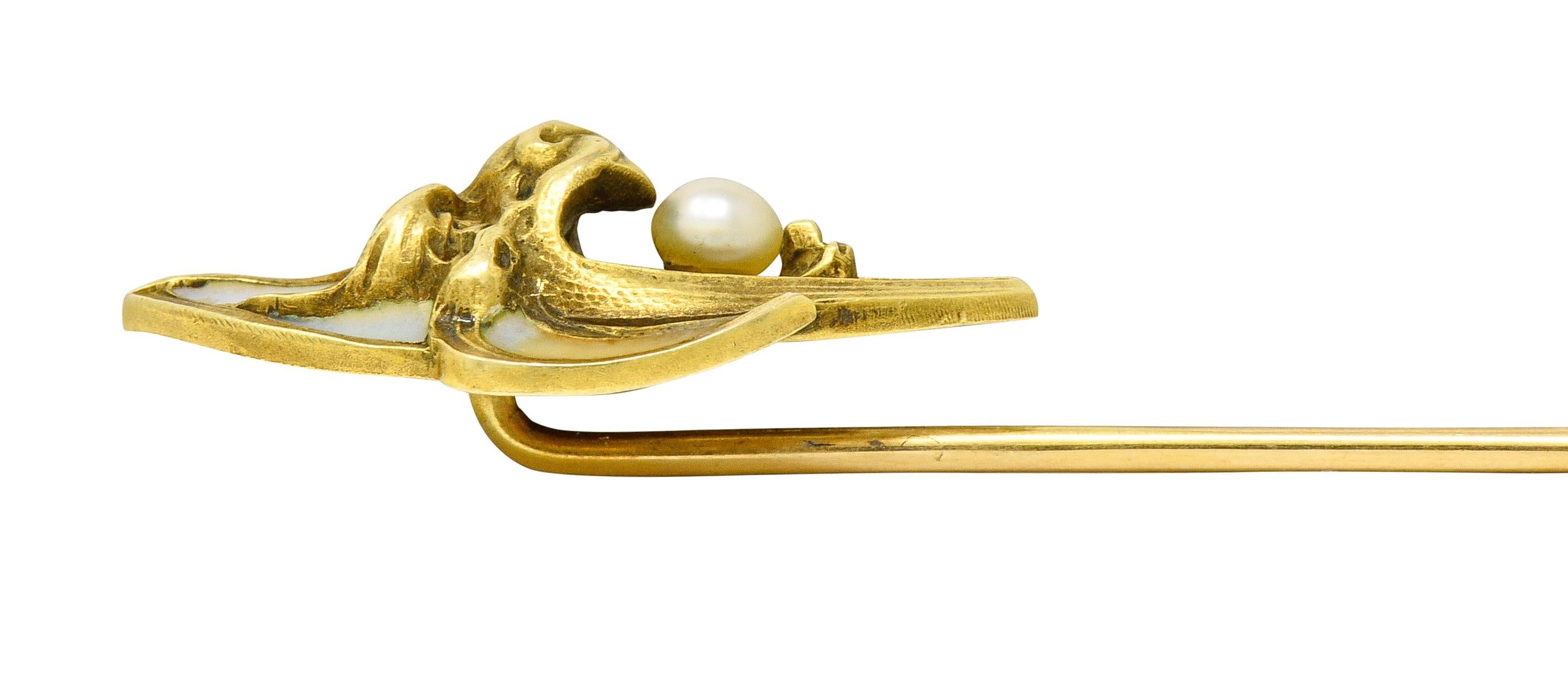 Art Nouveau Pearl Plique-A-Jour Enamel 14 Karat Gold Gargoyle Stickpin For Sale 3
