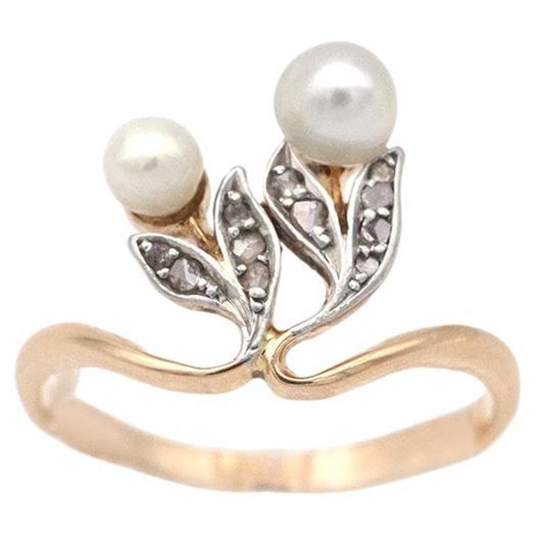 Art Nouveau pearl ring in 18k gold and platinum, Edwardian ring
