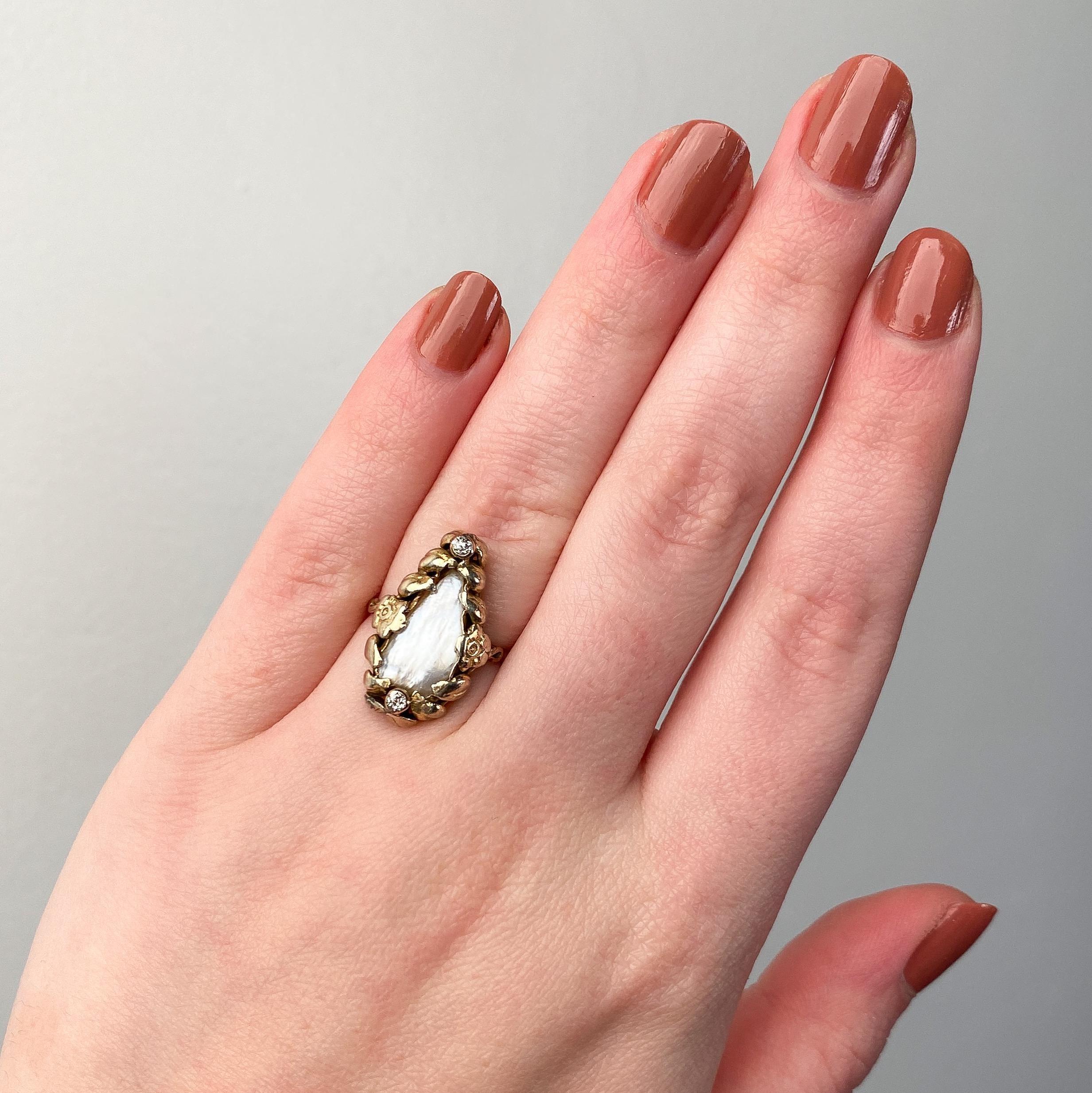 Jugendstil-Perlenring aus 14k Gold mit Perlen Damen im Angebot