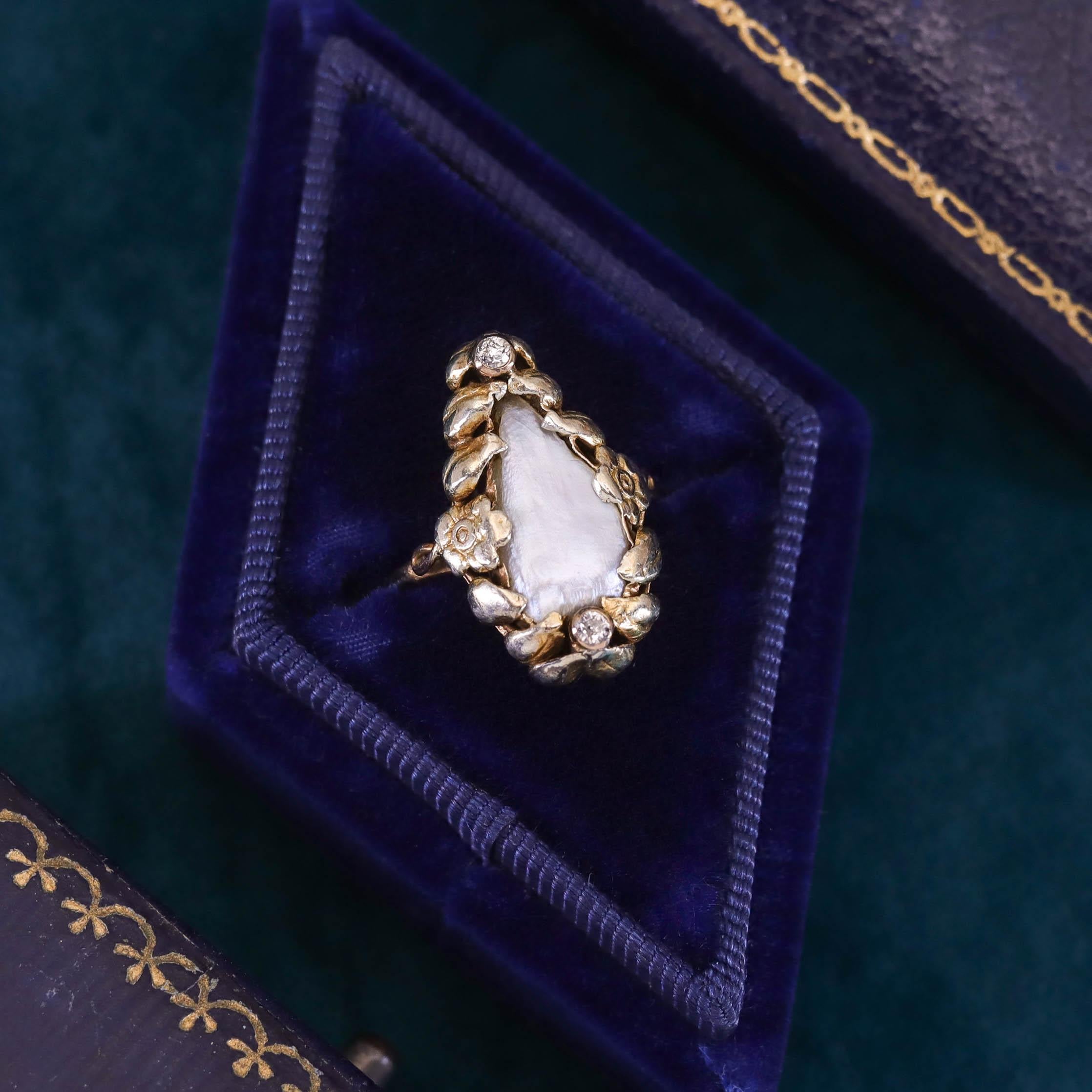 Jugendstil-Perlenring aus 14k Gold mit Perlen im Angebot 1