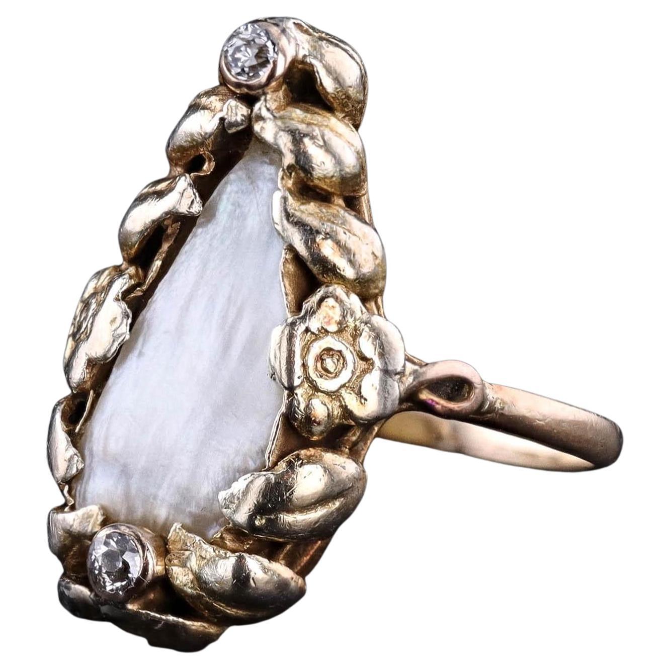 Art Nouveau Pearl Ring of 14k Gold
