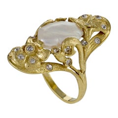 Antique Art Nouveau Pearl Ring with Diamond Accents