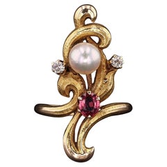 Art Nouveau Pearl, Ruby and Diamond Ring of 14k Gold