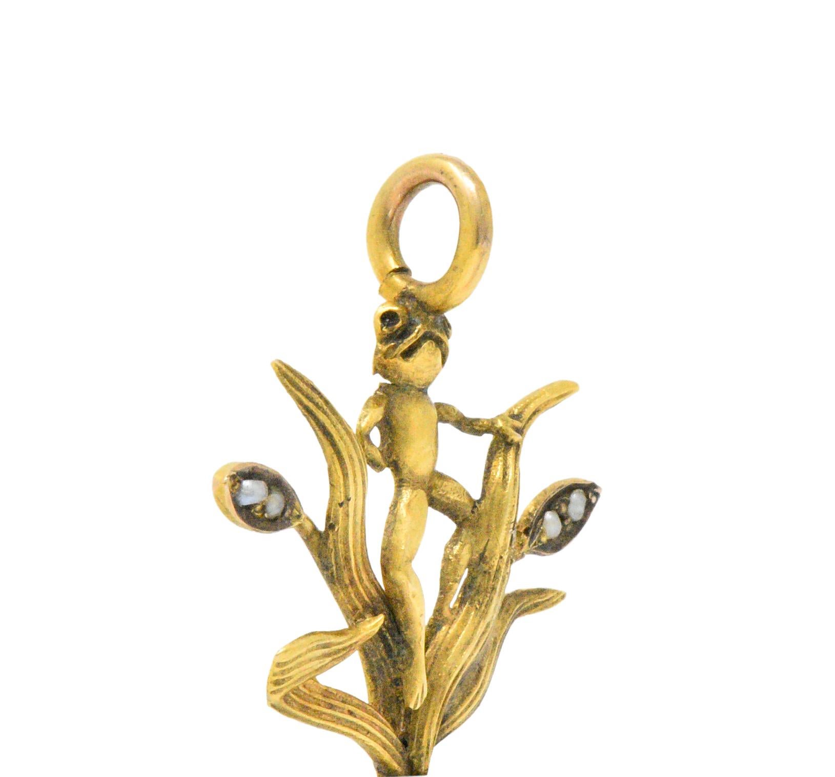 Art Nouveau Pearl Seed Pearl and 14 Karat Gold Frog Pendant In Excellent Condition In Philadelphia, PA