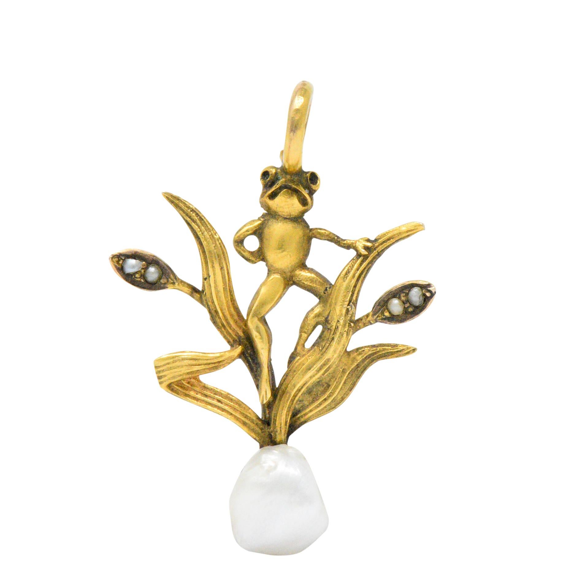 Art Nouveau Pearl Seed Pearl and 14 Karat Gold Frog Pendant