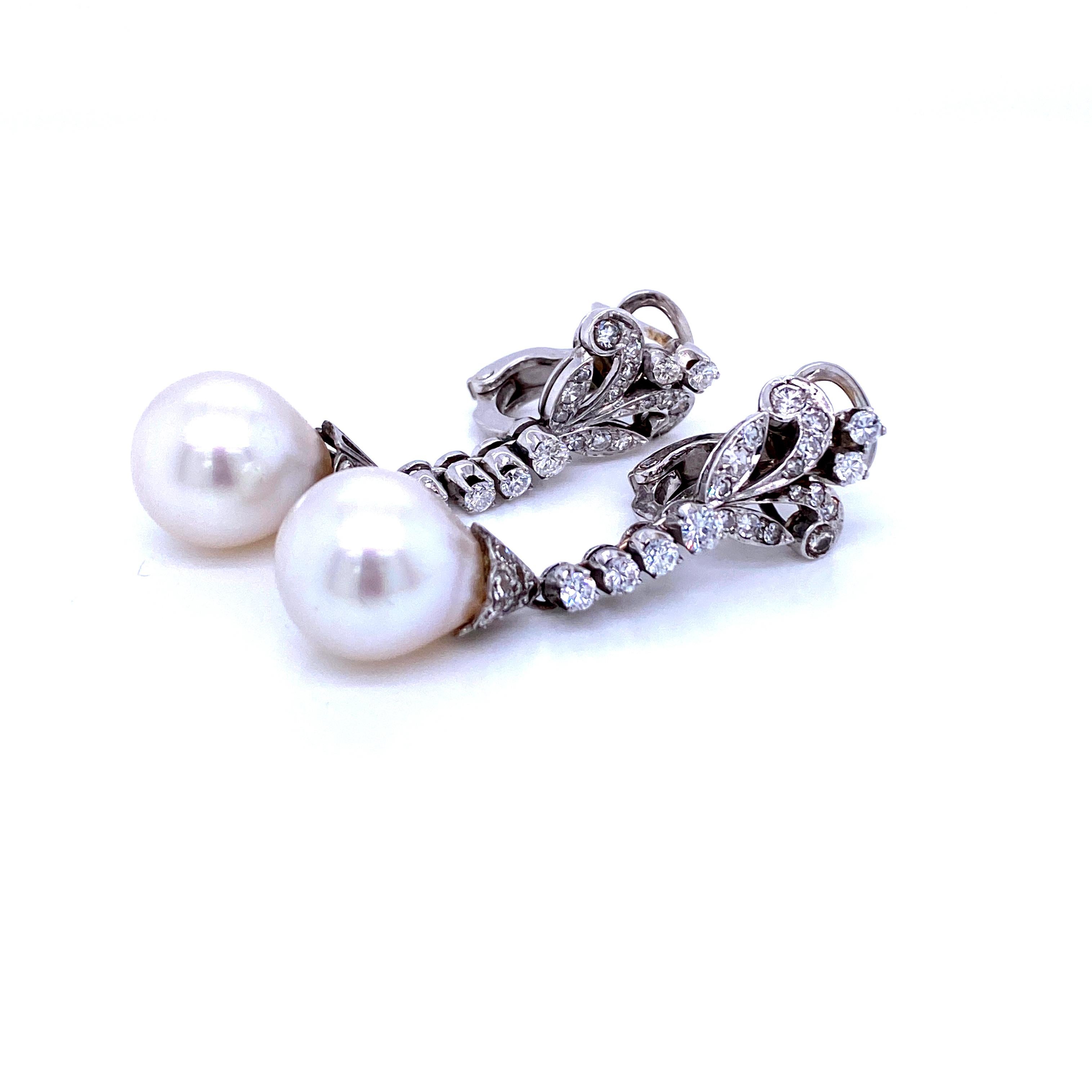 Round Cut Art Nouveau Pearls Diamond Gold Drop Earrings