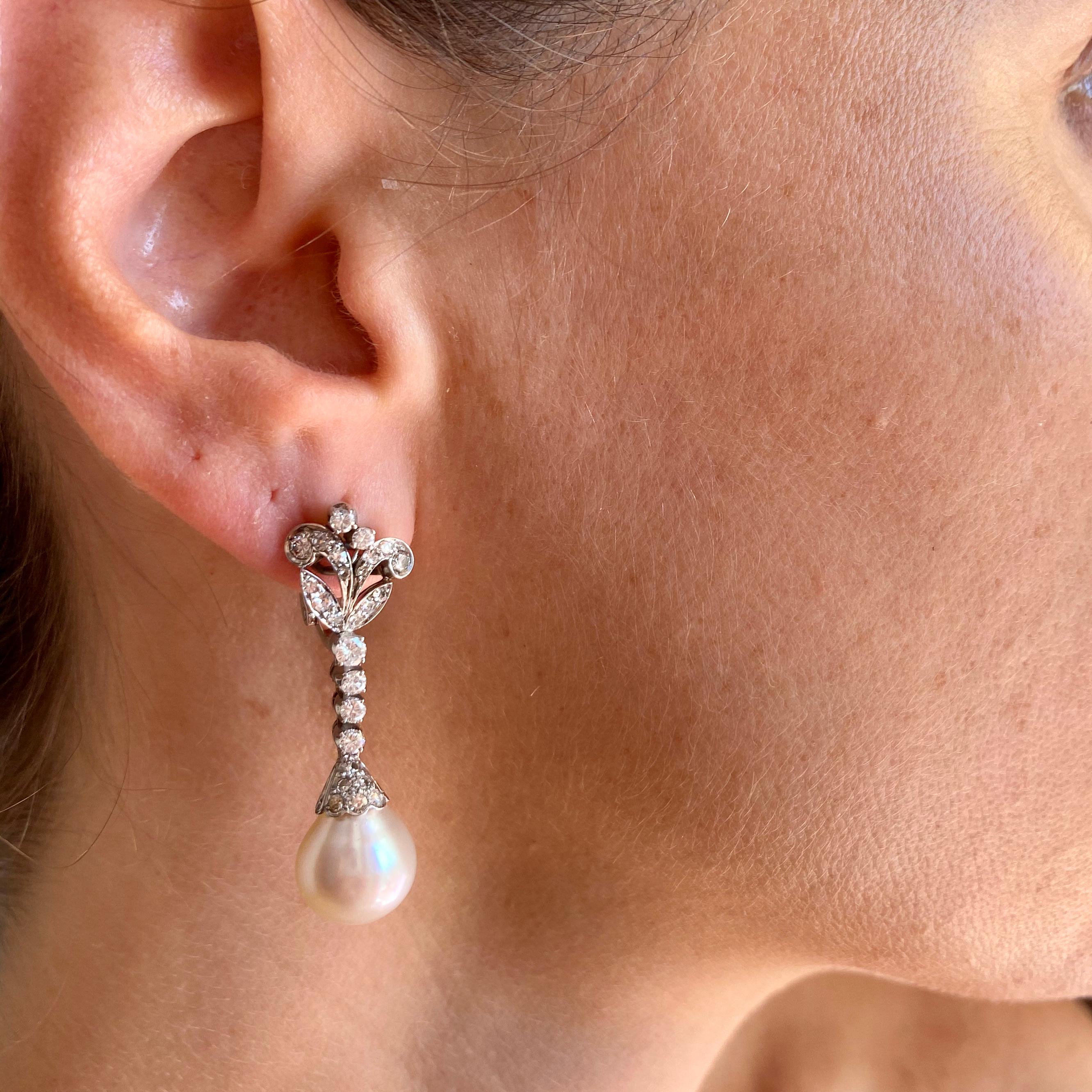 Women's Art Nouveau Pearls Diamond Gold Drop Earrings