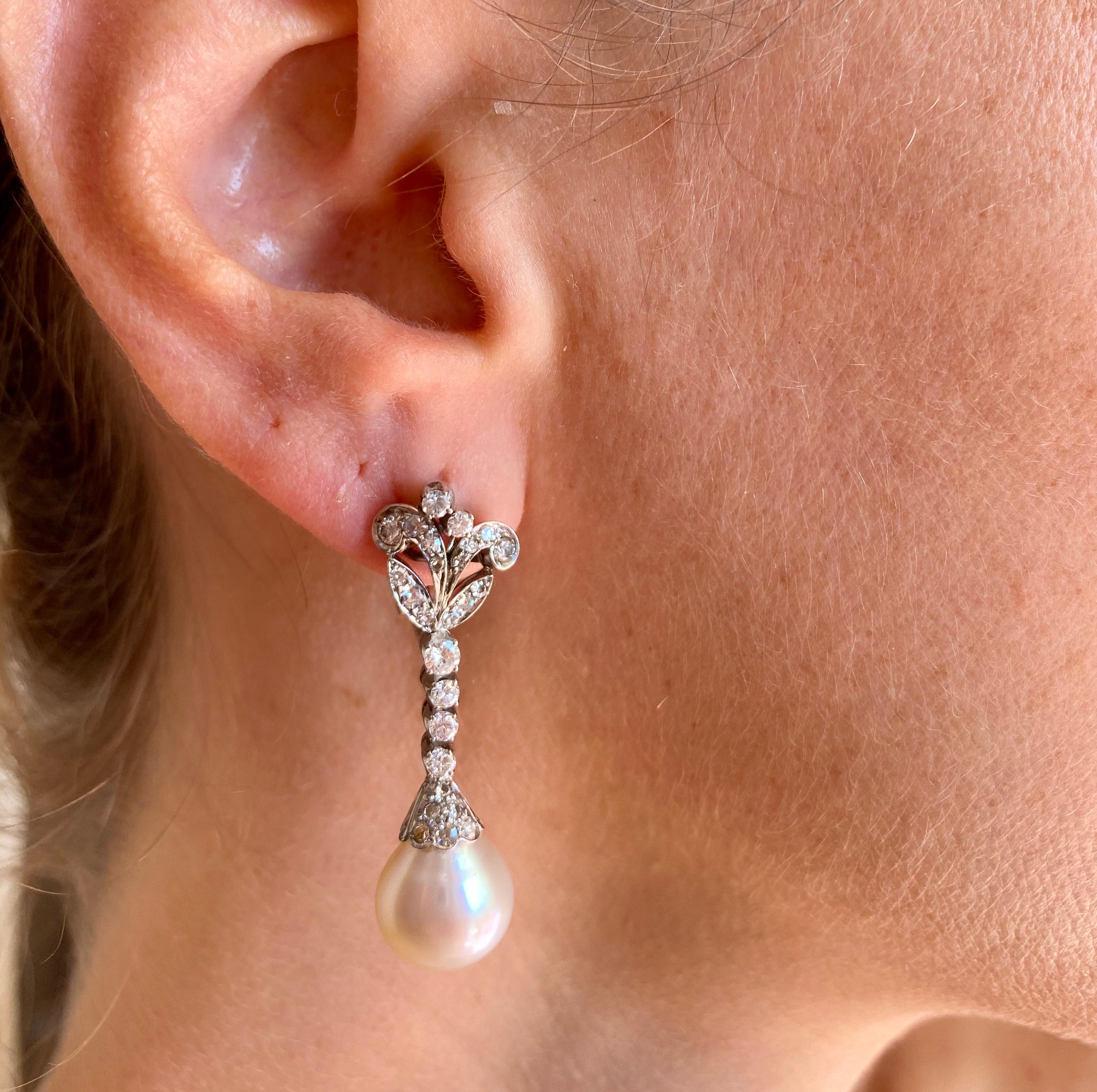 Art Nouveau Pearls Diamond Gold Drop Earrings 1
