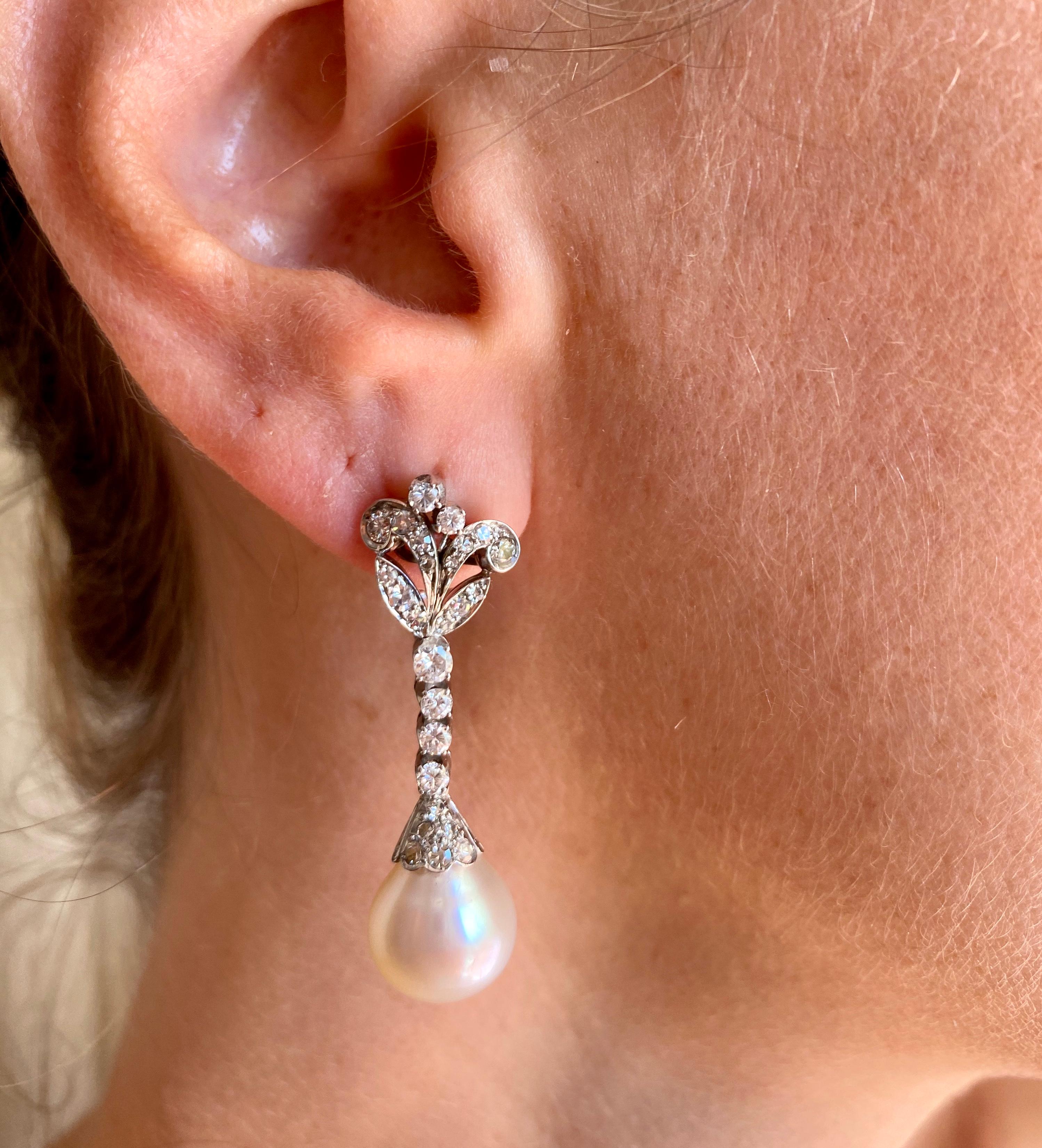 Art Nouveau Pearls Diamond Gold Drop Earrings 2