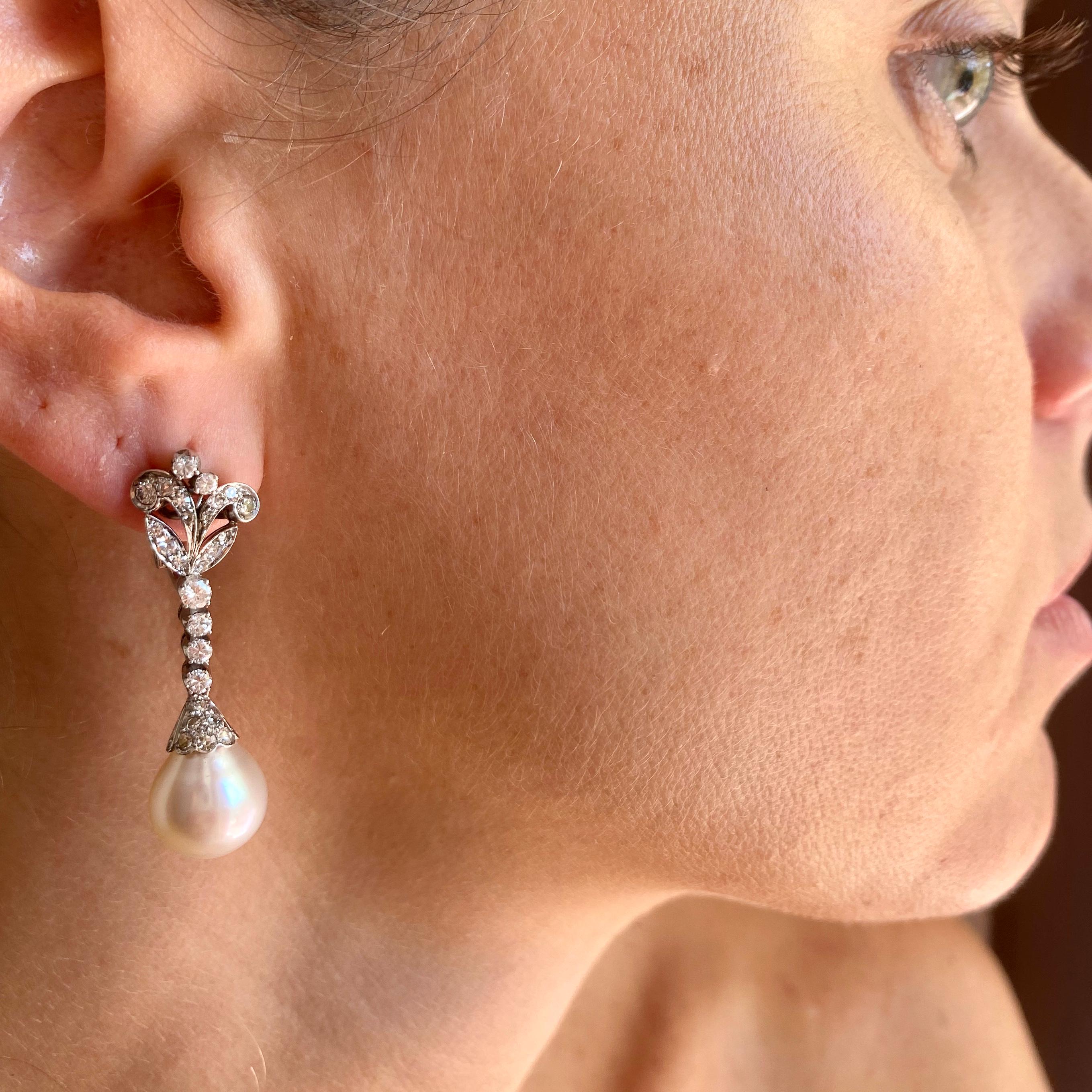 Art Nouveau Pearls Diamond Gold Drop Earrings 3
