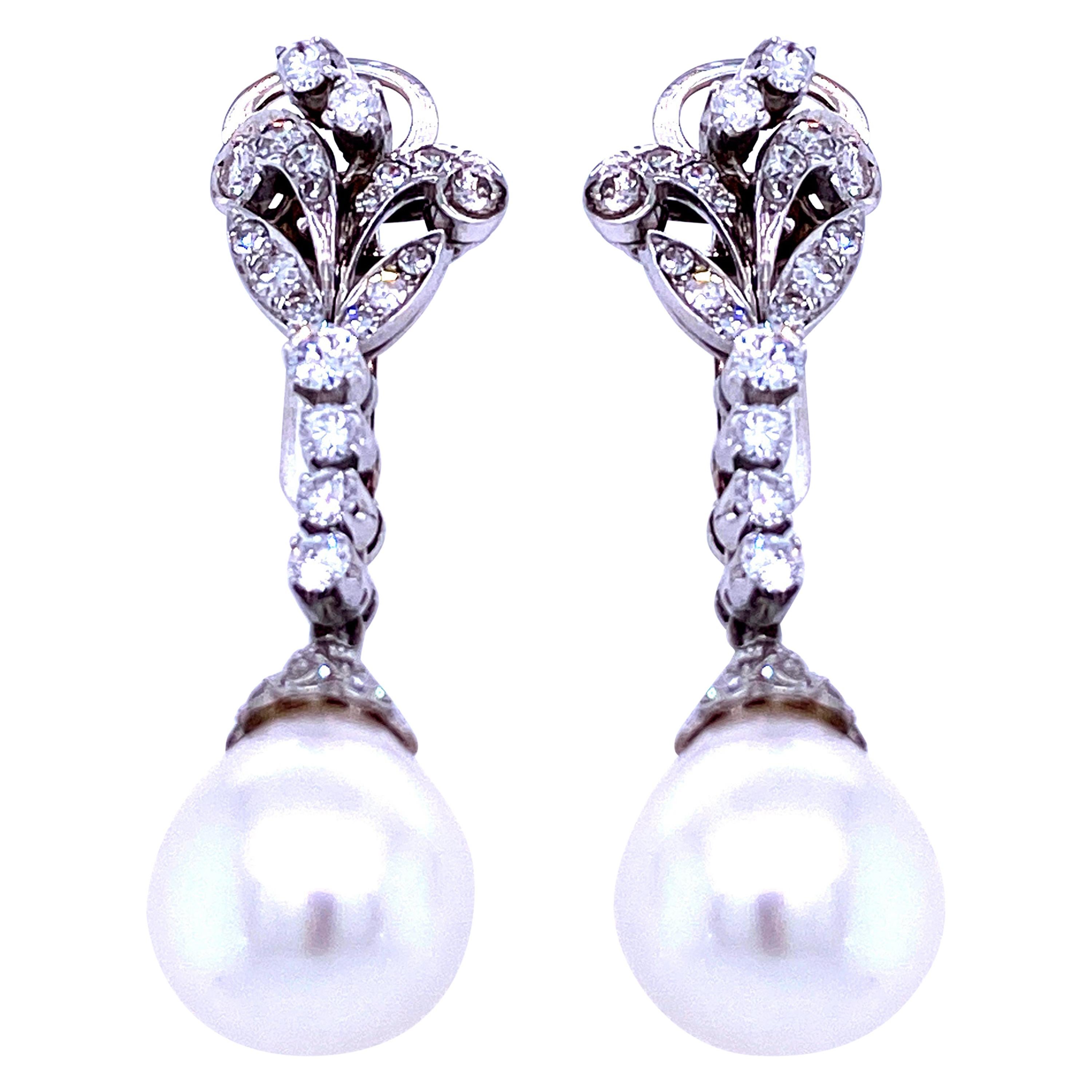 Art Nouveau Pearls Diamond Gold Drop Earrings