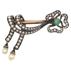 Jugendstil Perlen Smaragd Kleeblattbrosche Unisex Gold, 1910