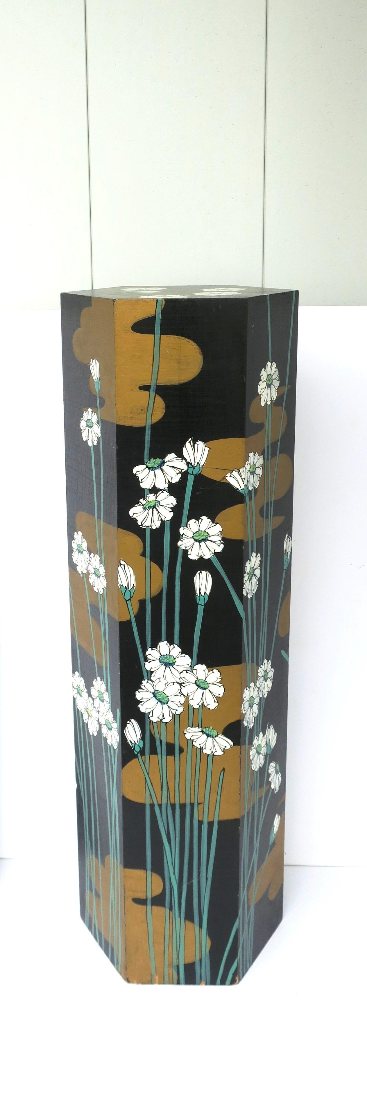 A wood pedestal column stand, in the Art Nouveau style, circa mid-20th century. This wood pedestal column stand is hand-painted with beautiful Lilly pads and flowers, in a hexagon shape (a nice alternative to round or square.) Lilly pads and flowers