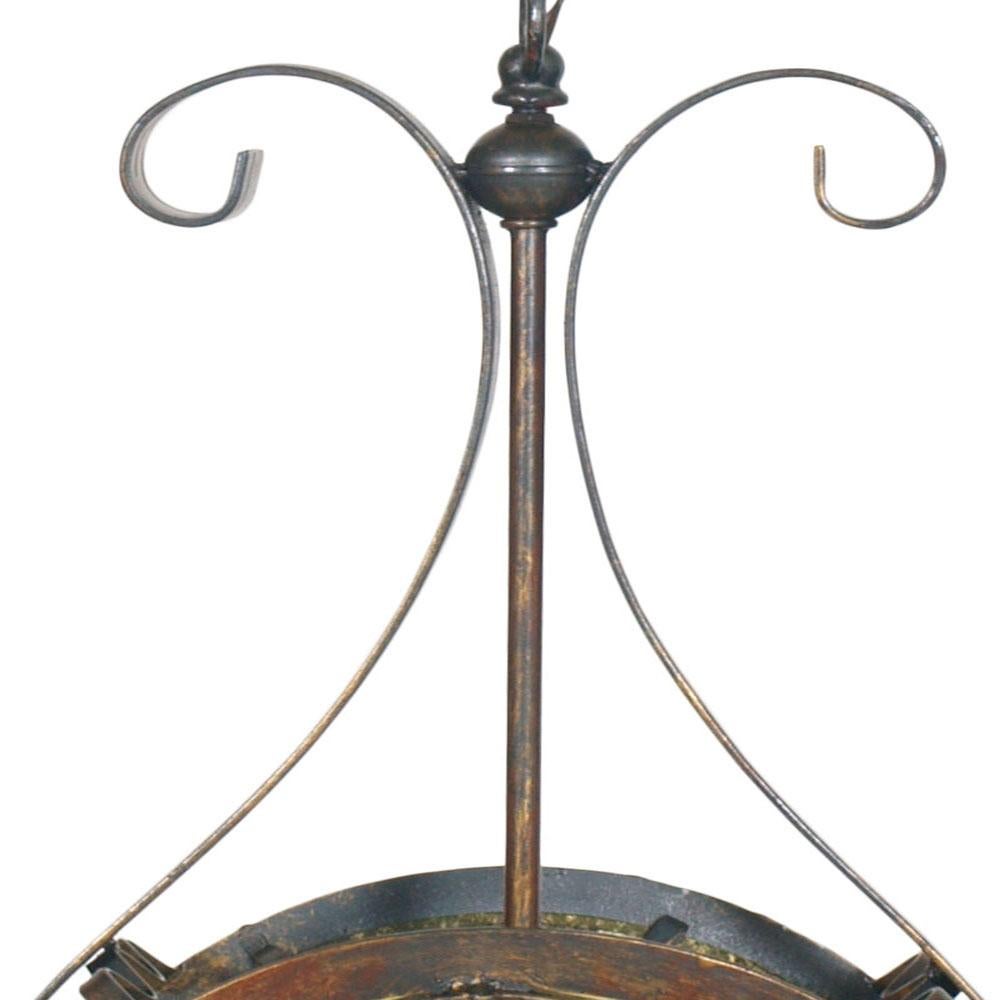 Italian Art Nouveau Pendand Chandelier, Wrought Iron & Bronze Chinchilla Glass Diffuser For Sale