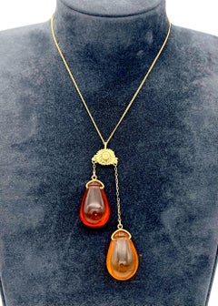 Art Nouveau Pendant 14 Karat Gold Flower Two Colour Transparant Amber