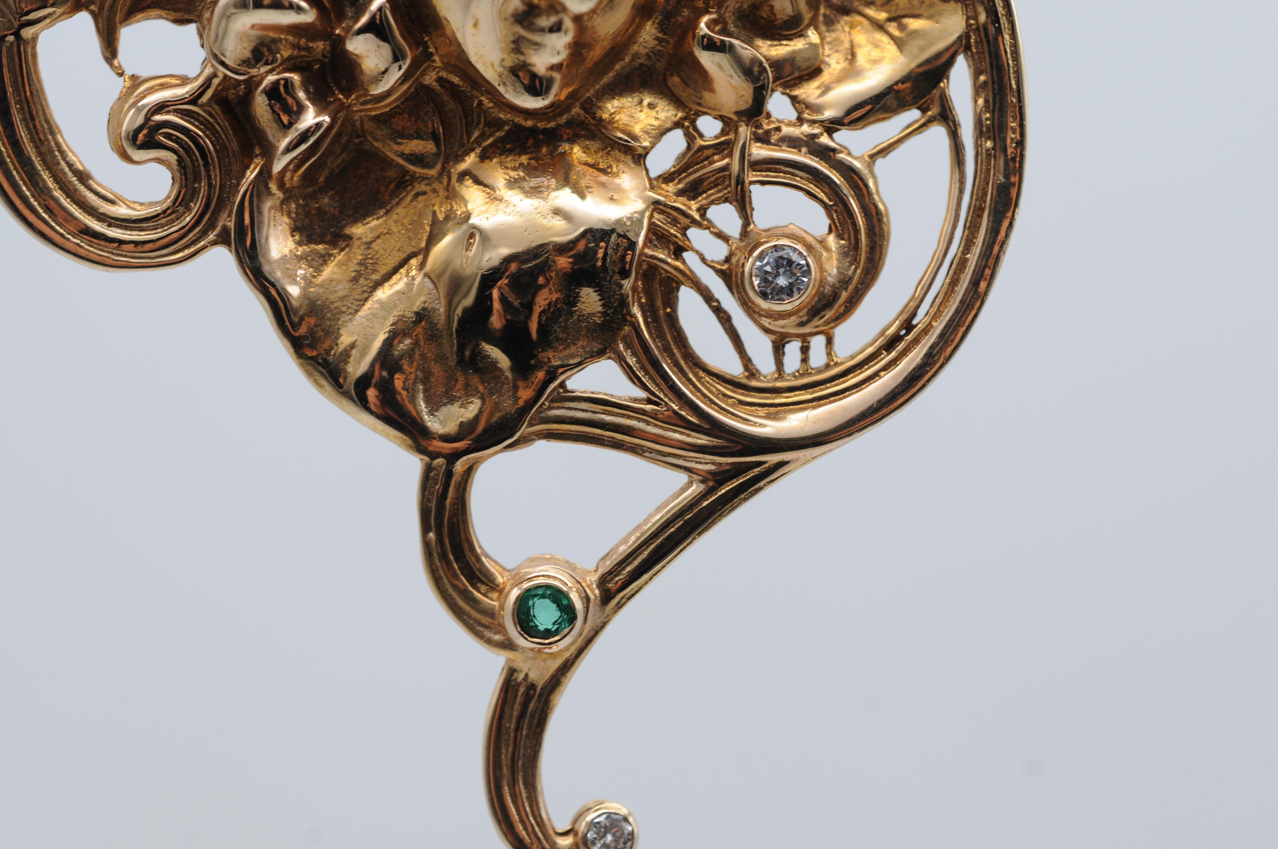 Ciondolo/spilla in stile Art Nouveau con tormalina e perla di diamante in vendita 5