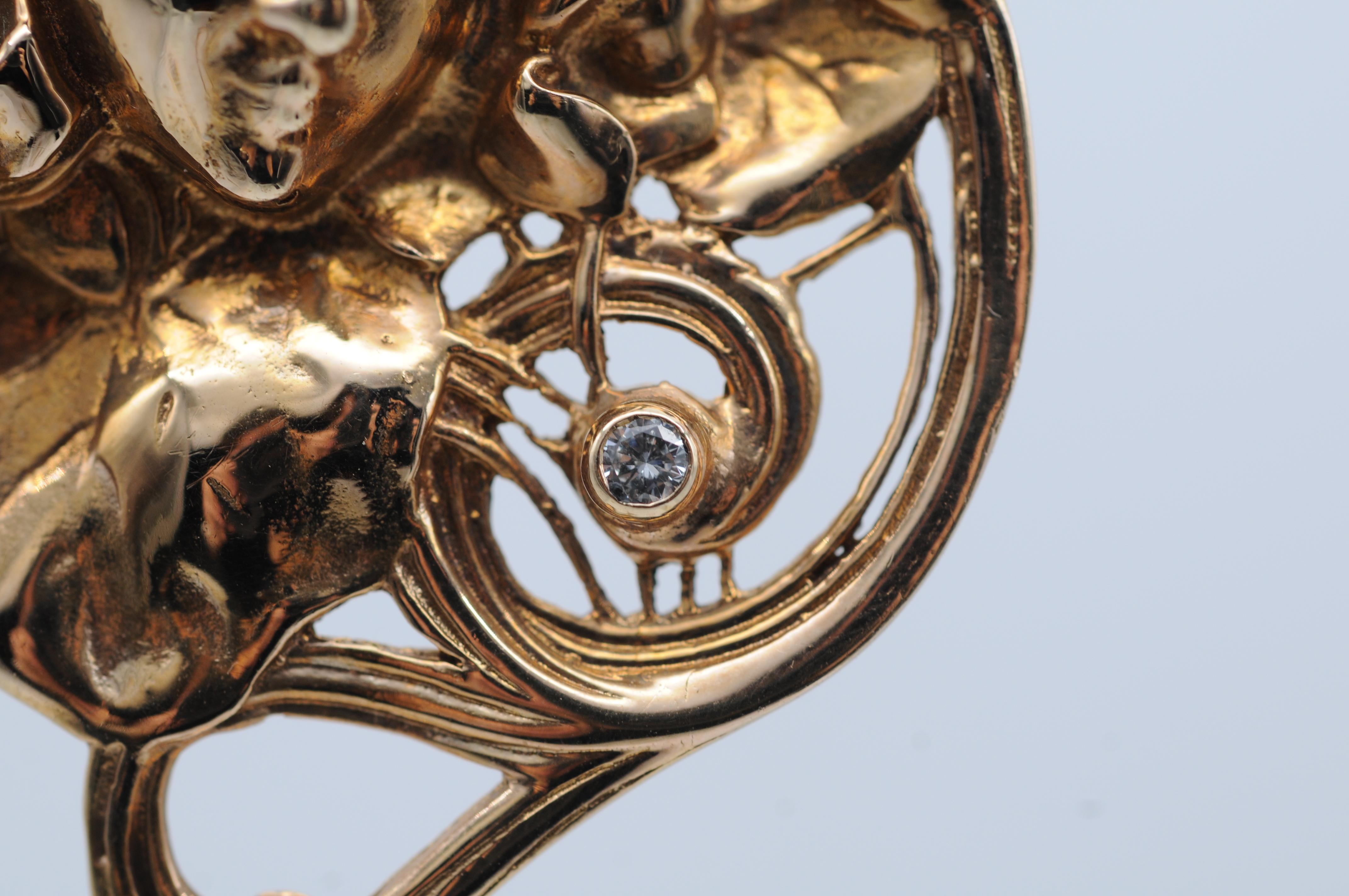 Ciondolo/spilla in stile Art Nouveau con tormalina e perla di diamante in vendita 8