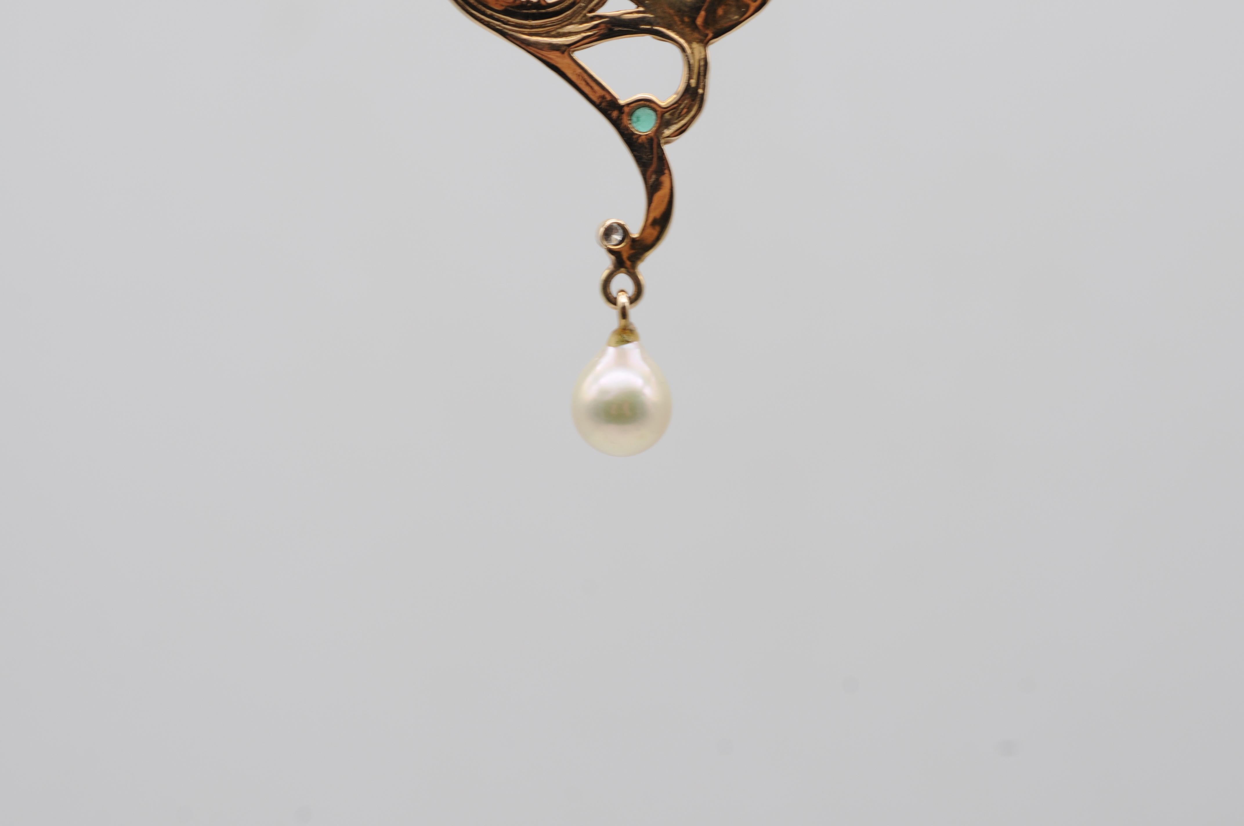 Ciondolo/spilla in stile Art Nouveau con tormalina e perla di diamante in vendita 10