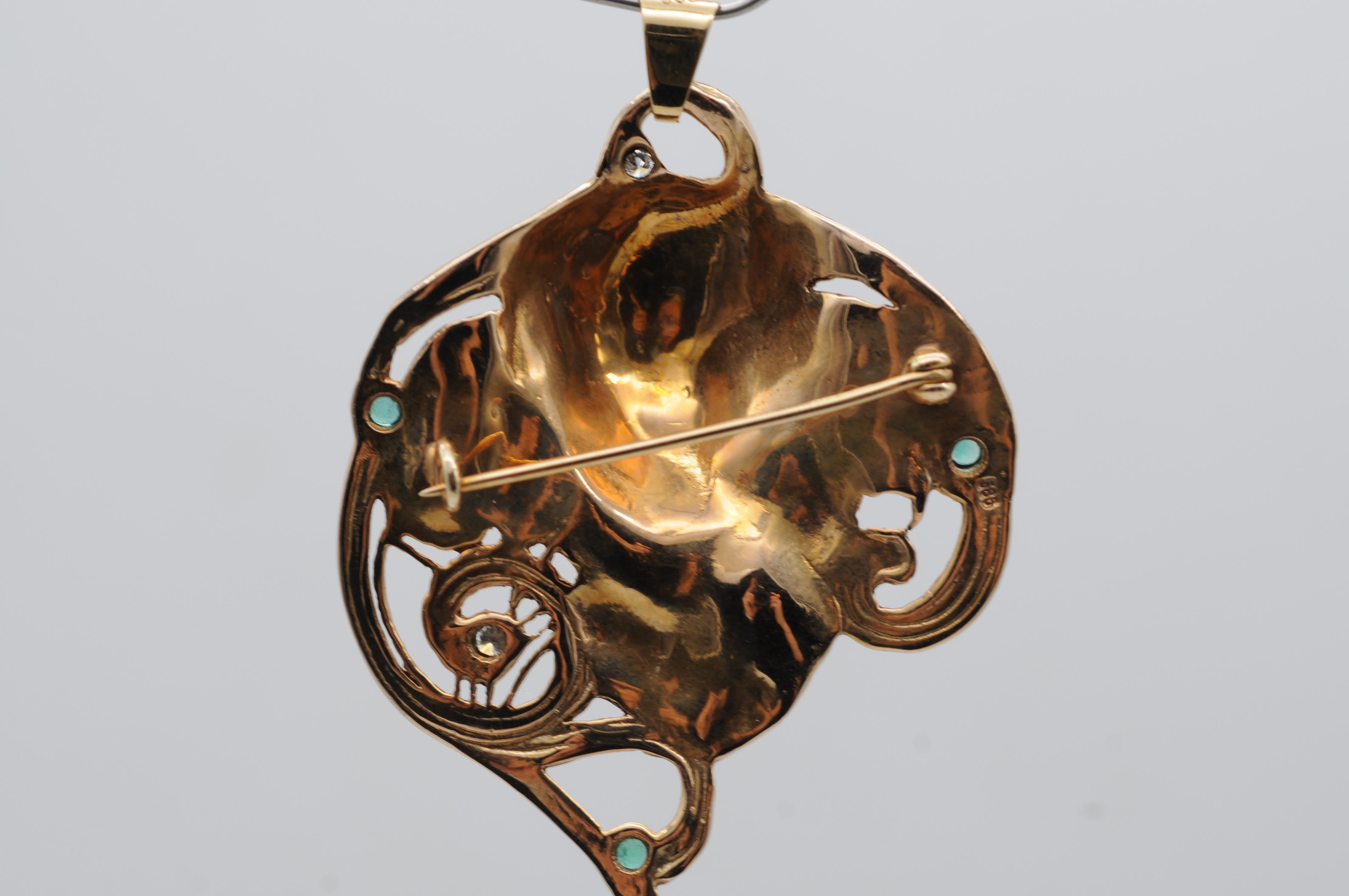 Ciondolo/spilla in stile Art Nouveau con tormalina e perla di diamante in vendita 11