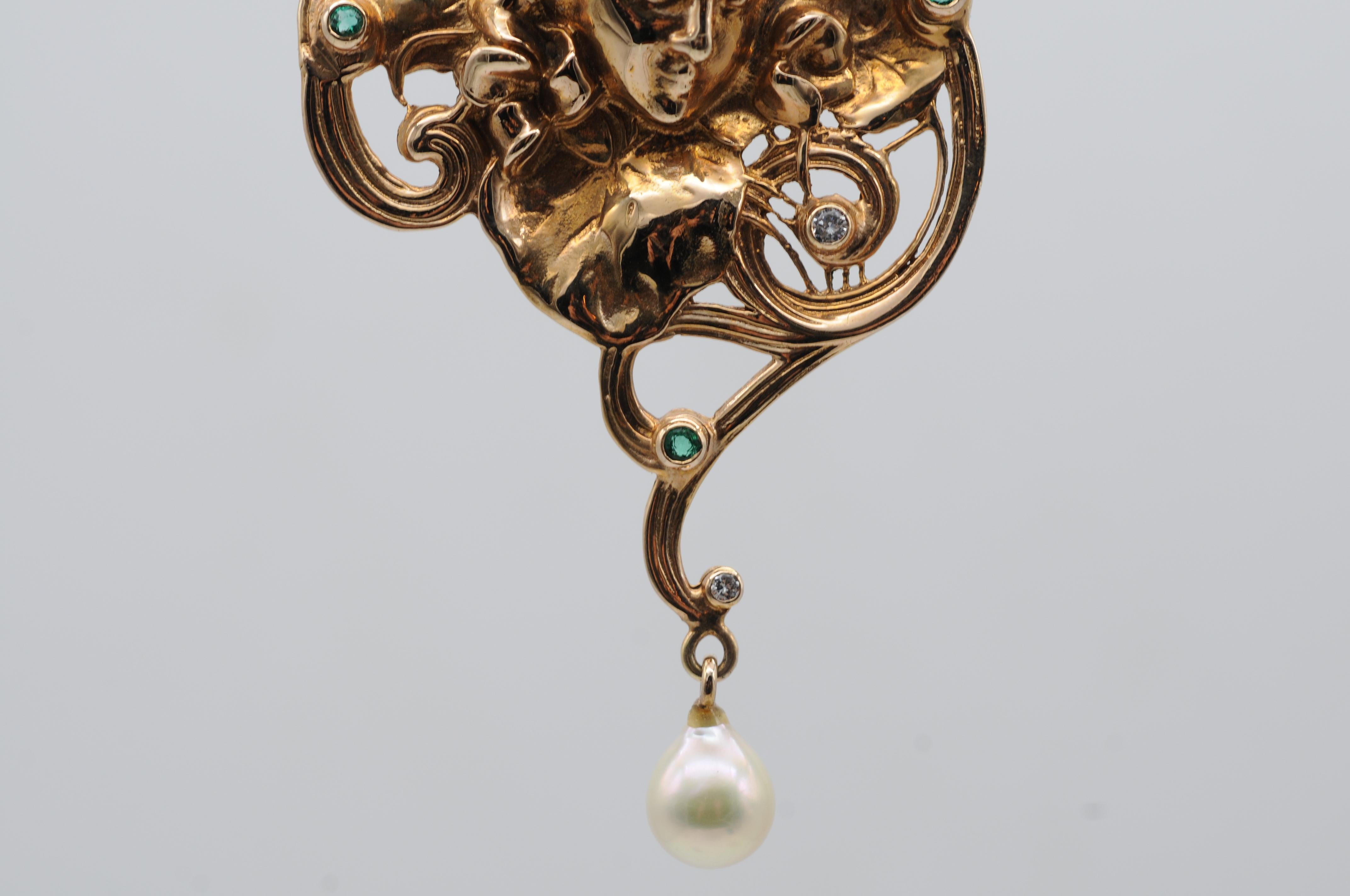 Ciondolo/spilla in stile Art Nouveau con tormalina e perla di diamante In condizioni buone in vendita a Berlin, BE