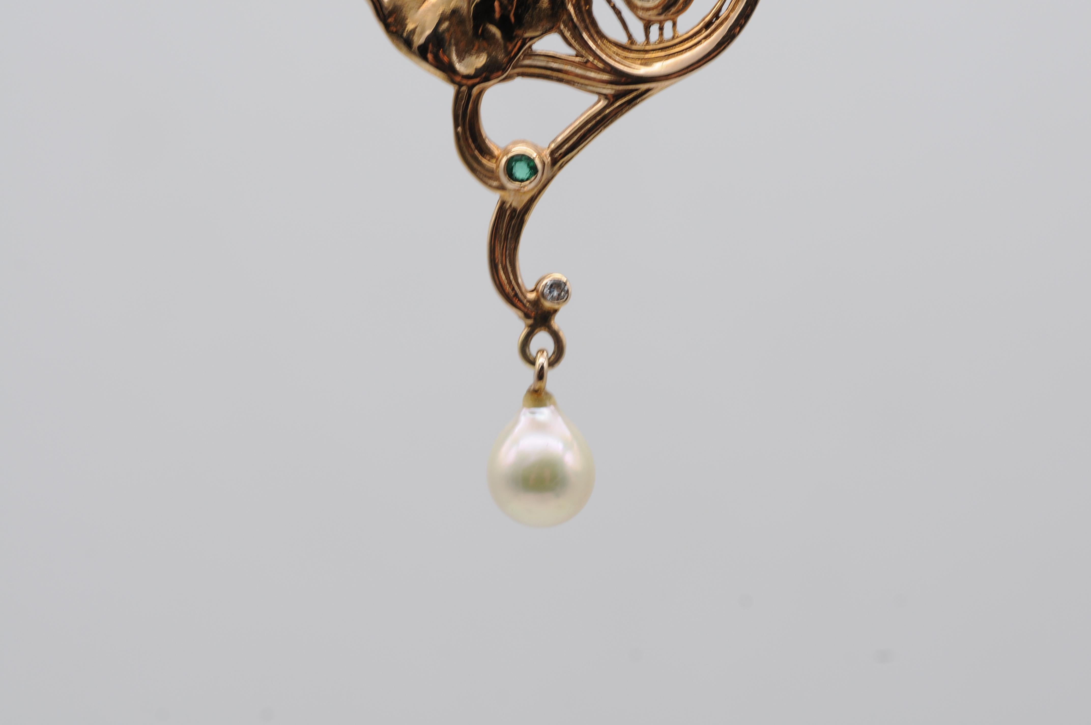 da uomo o donna Ciondolo/spilla in stile Art Nouveau con tormalina e perla di diamante in vendita