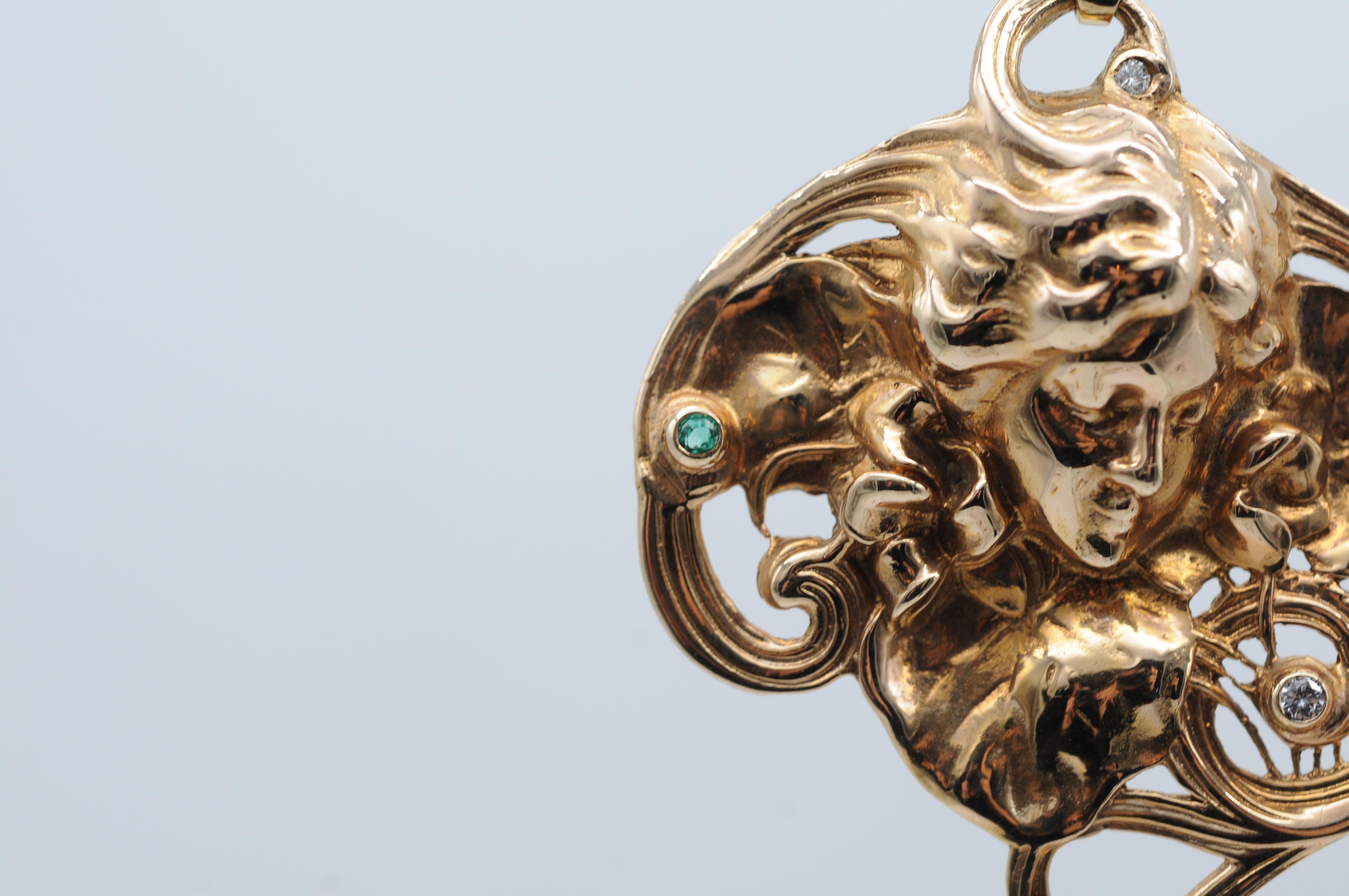 Ciondolo/spilla in stile Art Nouveau con tormalina e perla di diamante in vendita 2